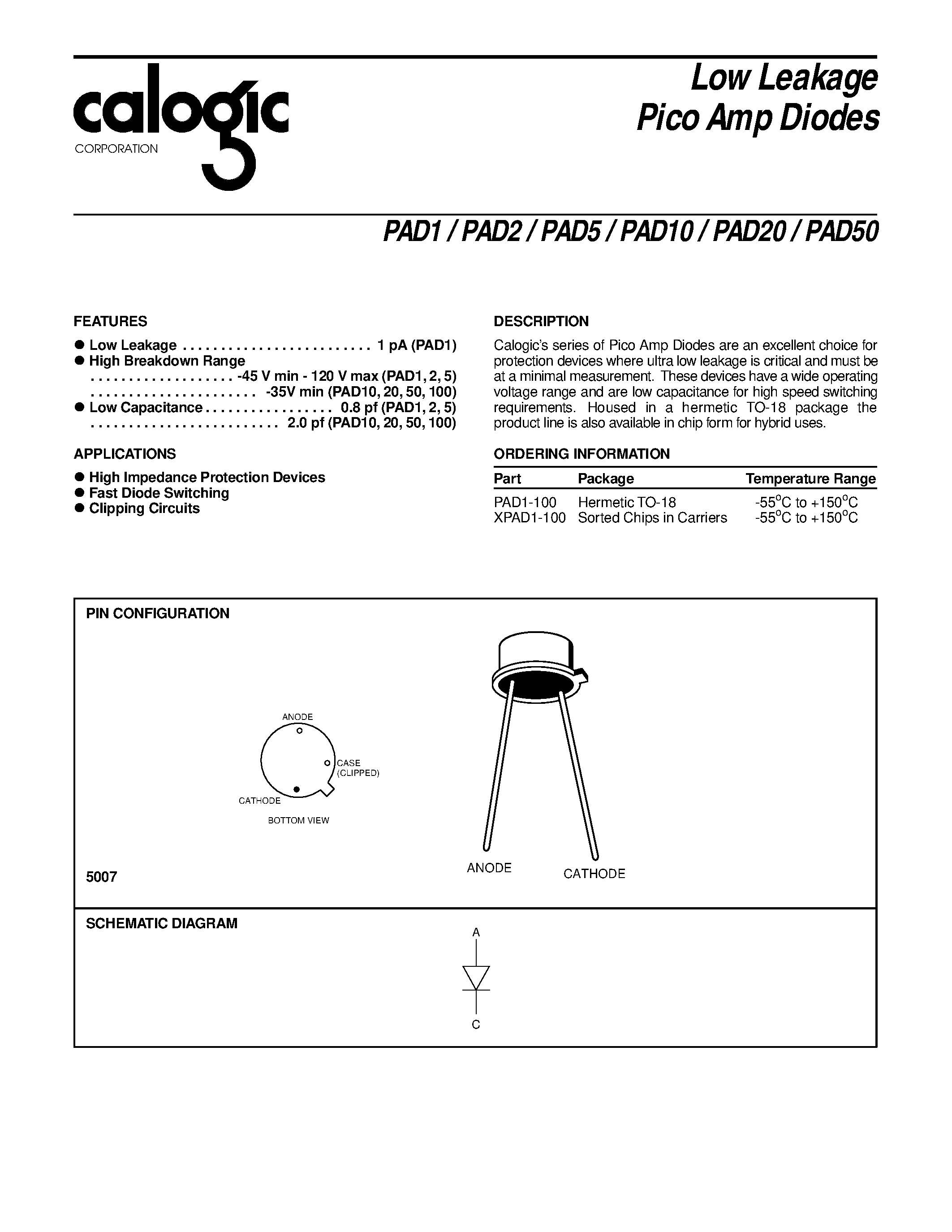 Datasheet XPAD1-100 - Low Leakage Pico Amp Diodes page 1