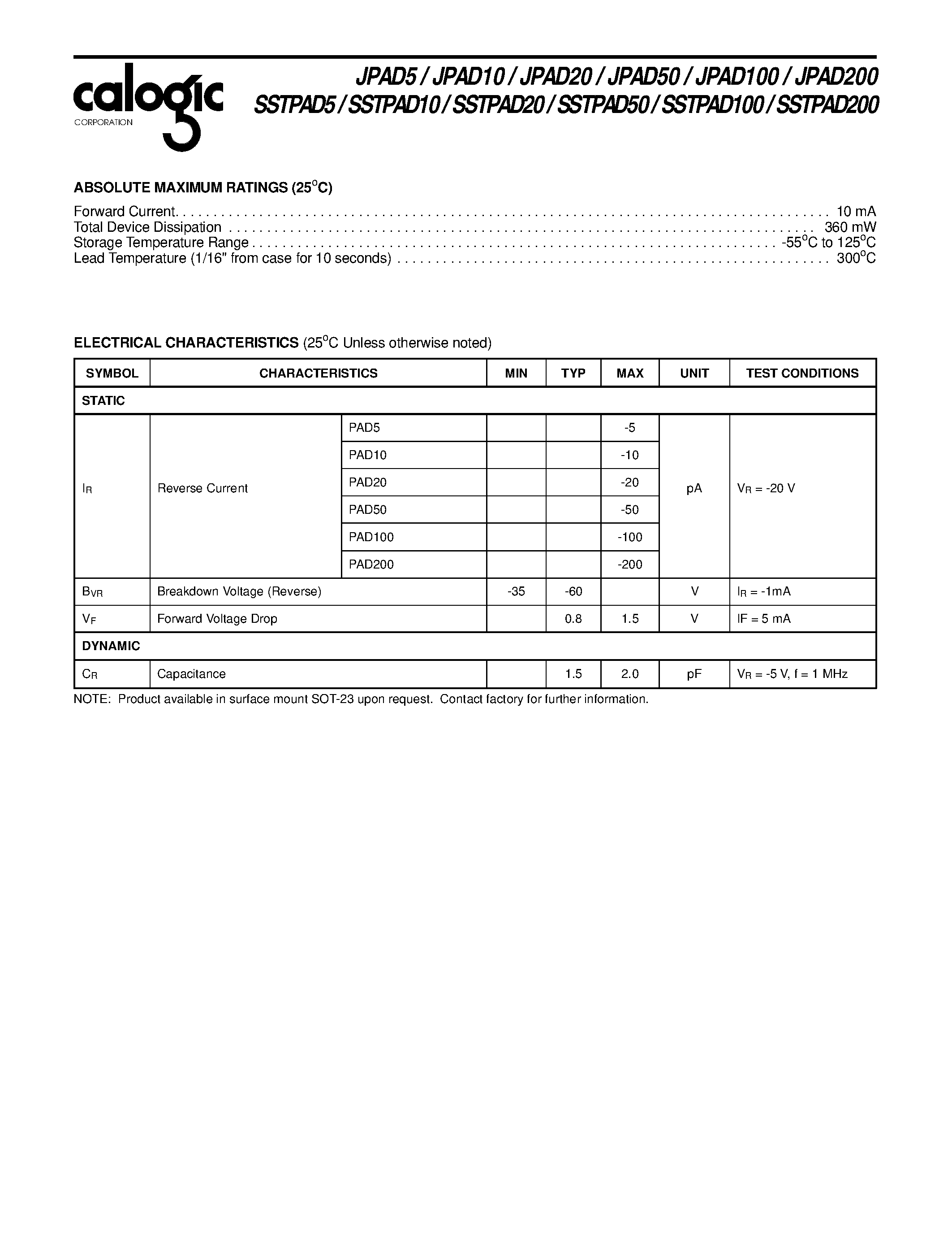 Datasheet XPAD5-200 - Low Leakage Pico Amp Diodes page 2