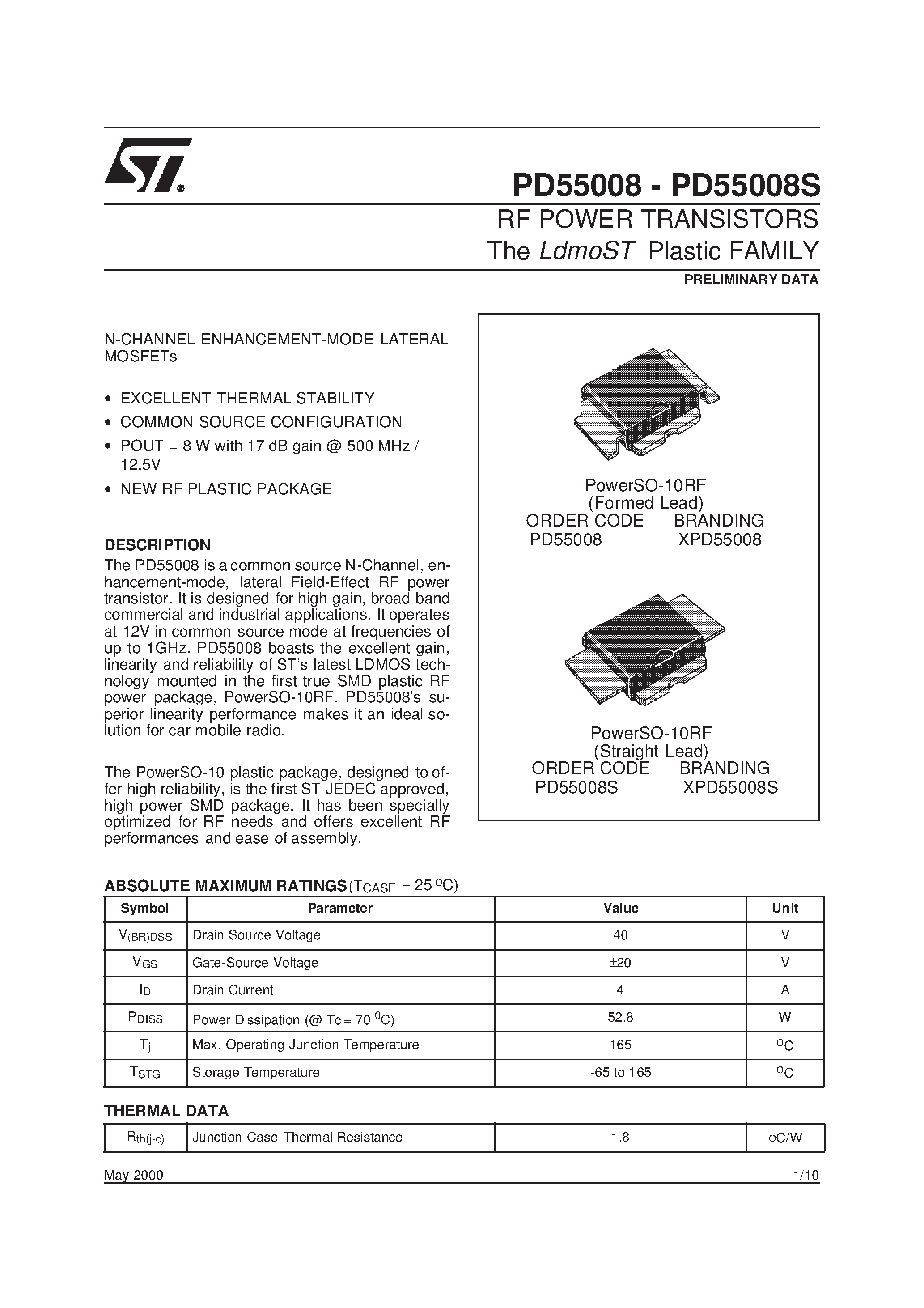 Datasheet XPD55008S page 1 Datasheet XPD55008S - RF POWER TRANSISTORS The LdmoST Plastic FAMILY page 1