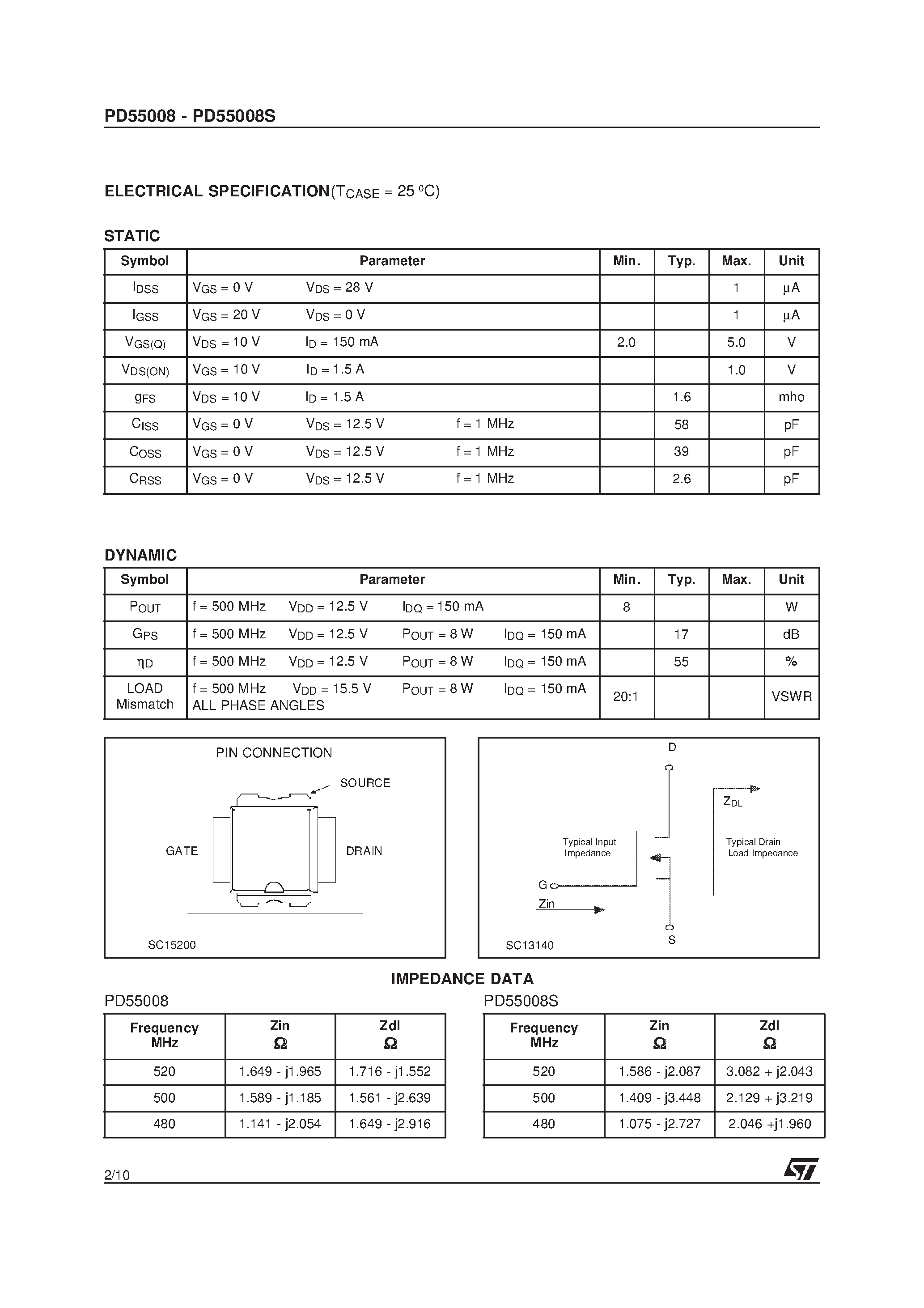 Datasheet XPD55008S page 2 Datasheet XPD55008S - RF POWER TRANSISTORS The LdmoST Plastic FAMILY page 2