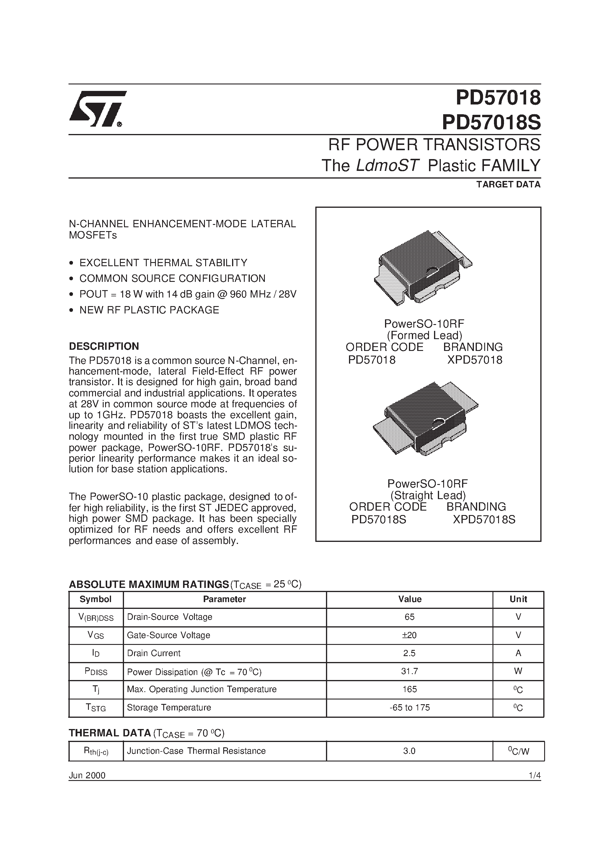 Datasheet XPD57018 - RF POWER TRANSISTORS The LdmoST Plastic FAMILY page 1