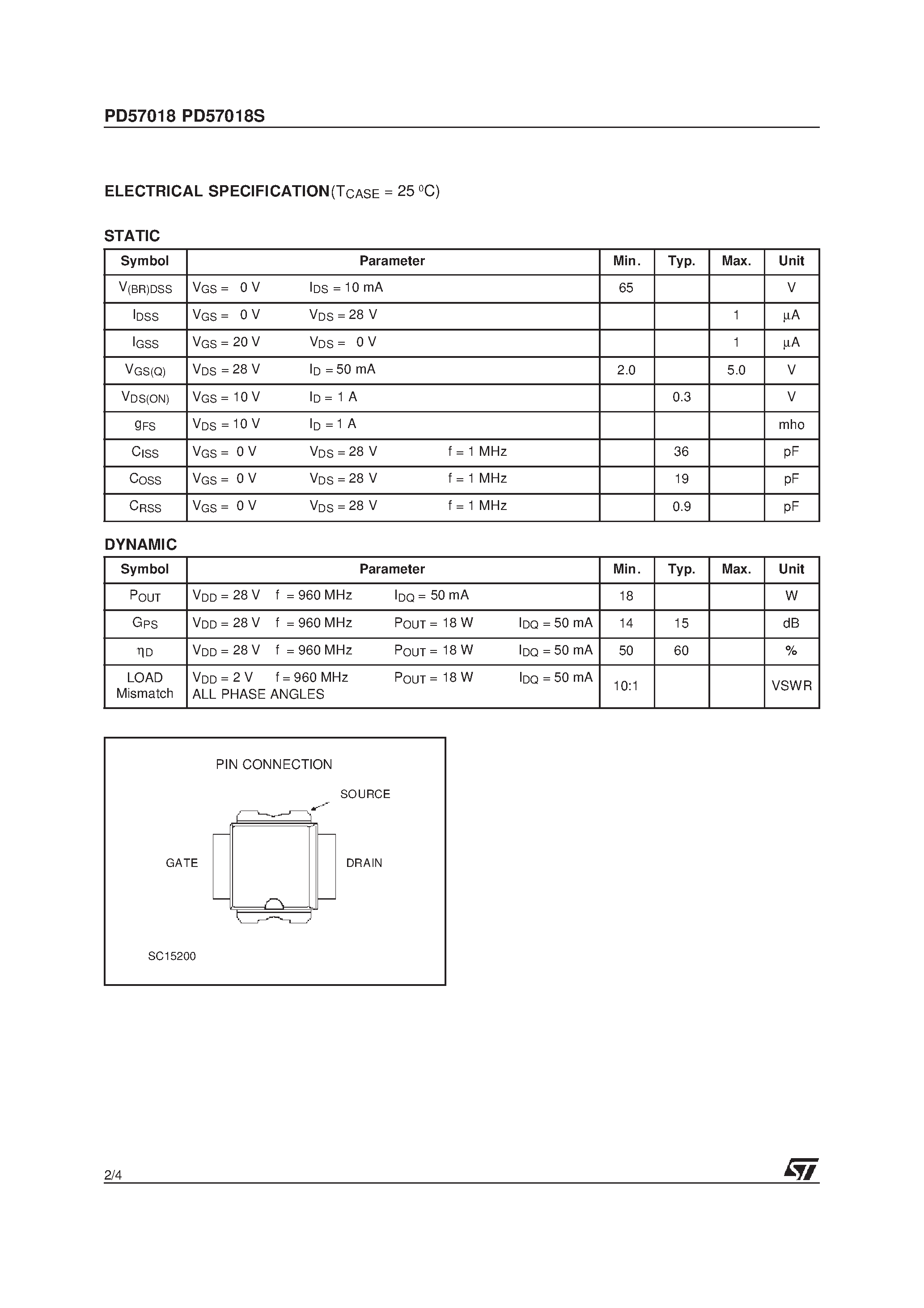 Datasheet XPD57018 - RF POWER TRANSISTORS The LdmoST Plastic FAMILY page 2