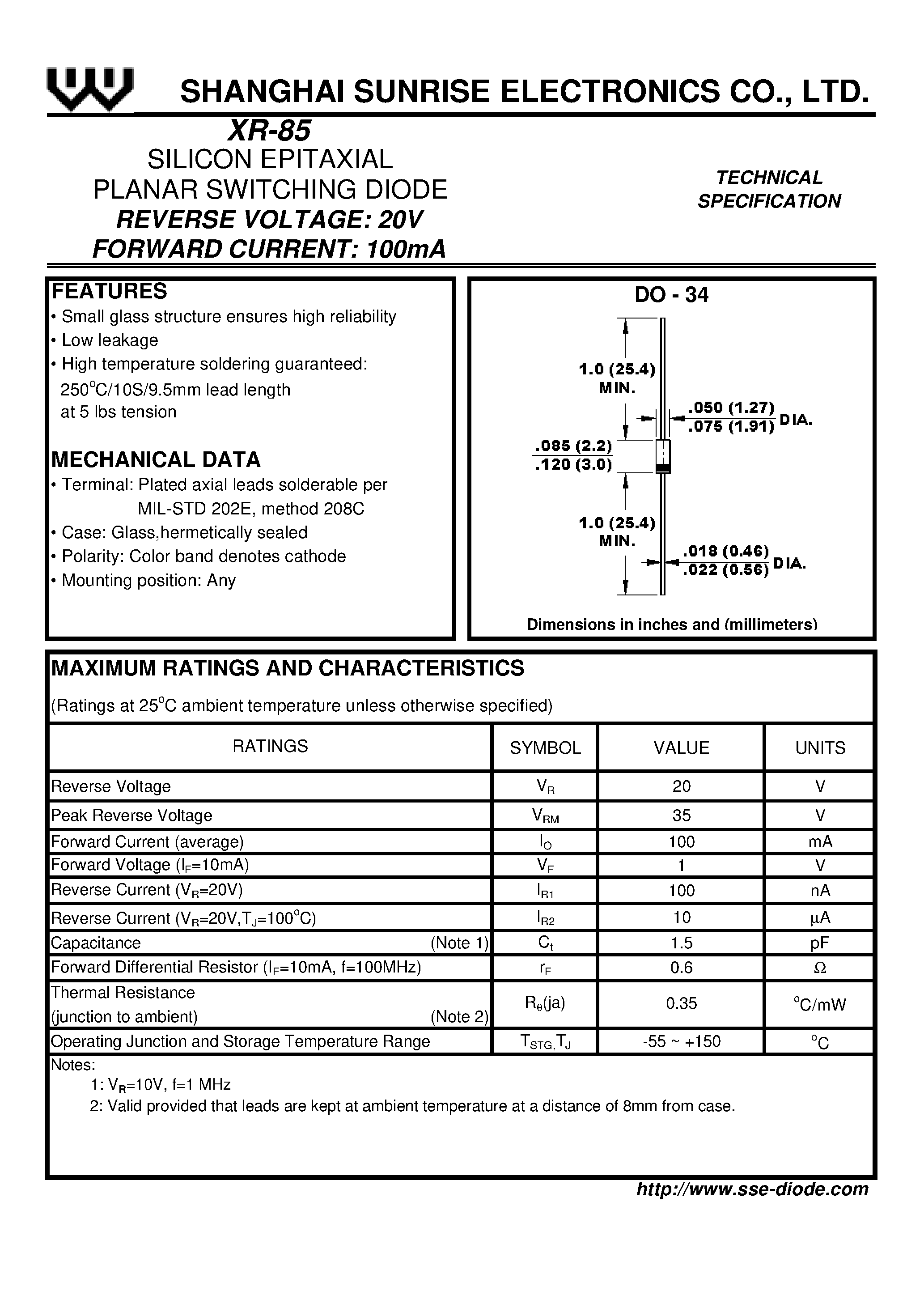 Datasheet XR-85 - SILICON EPITAXIAL PLANAR SWITCHING DIODE page 1