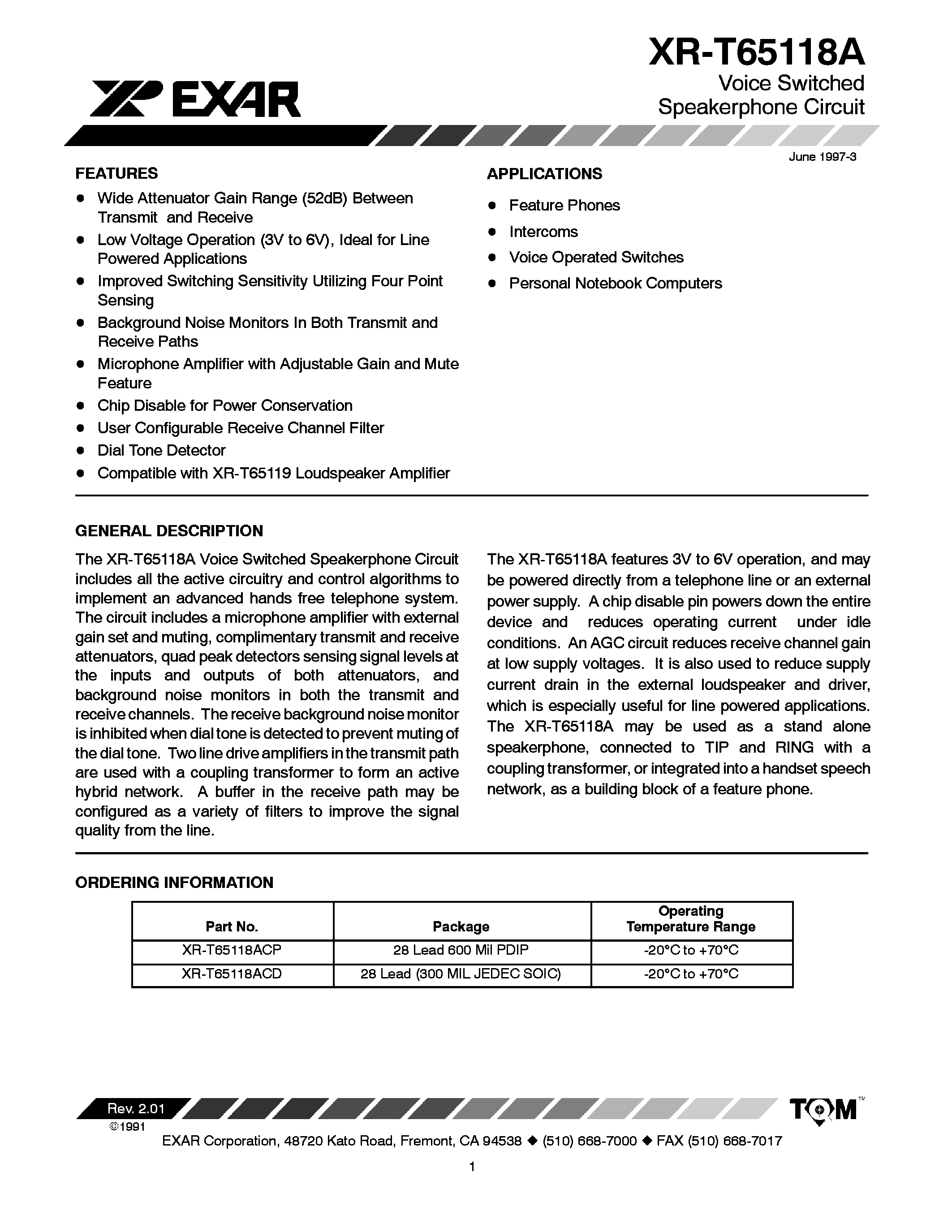 Datasheet XR-T65118A - VOICE SWITCHED SPEAKER PHONE CIRCUIT page 1