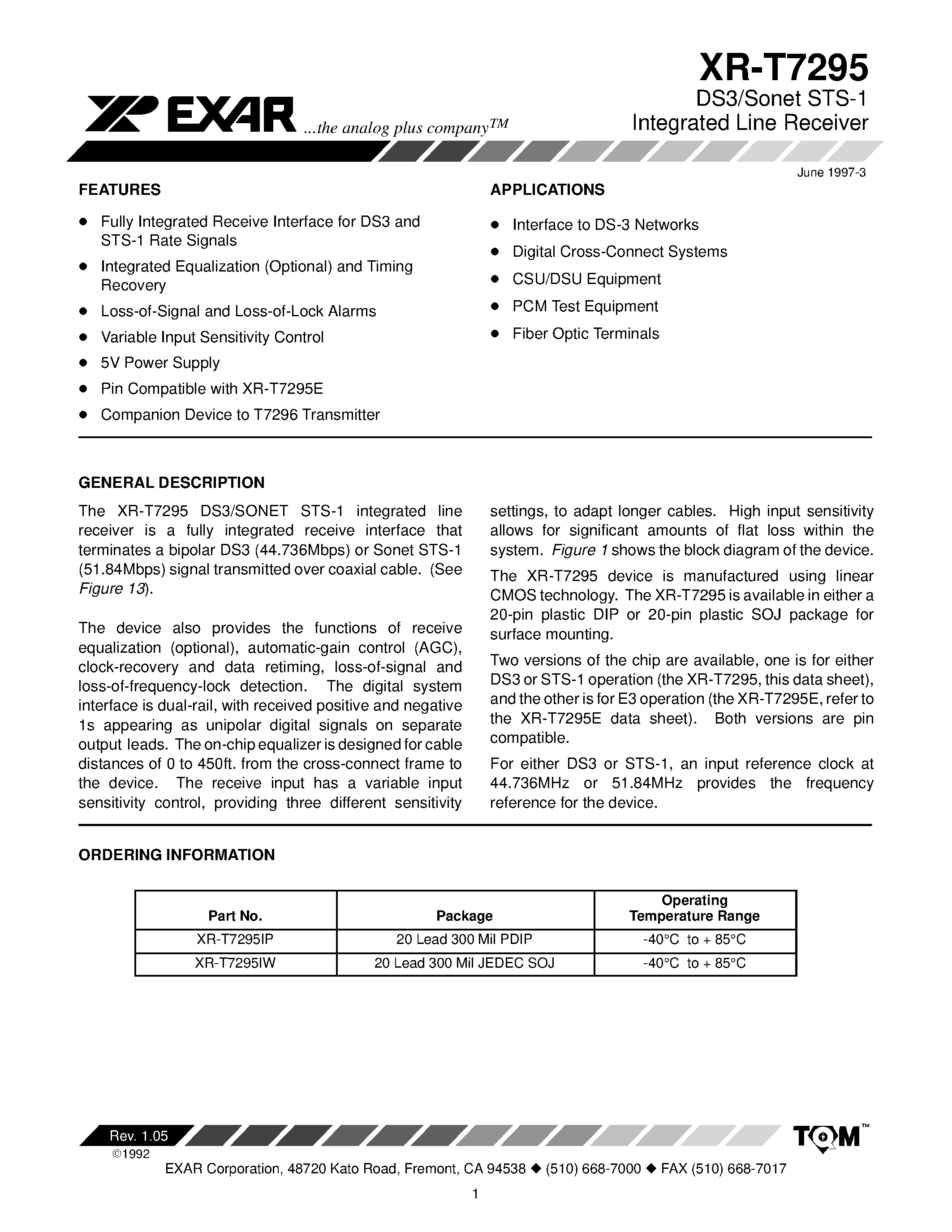 Datasheet XR-T7295 page 1 Datasheet XR-T7295 - DS3/Sonet STS-1 Integrated Line Receiver page 1
