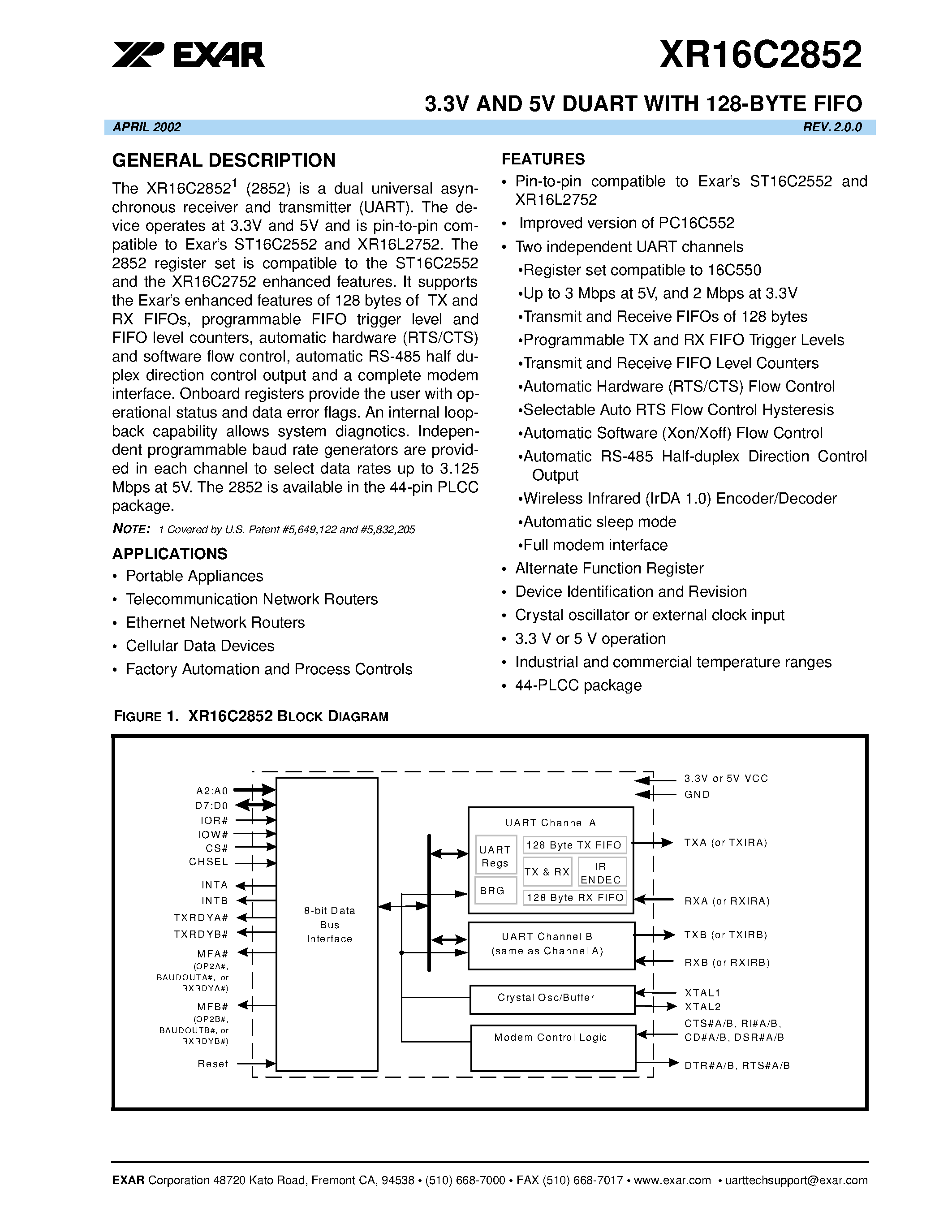 Даташит XR16C2852 - 3.3V AND 5V DUART WITH 128-BYTE FIFO страница 1