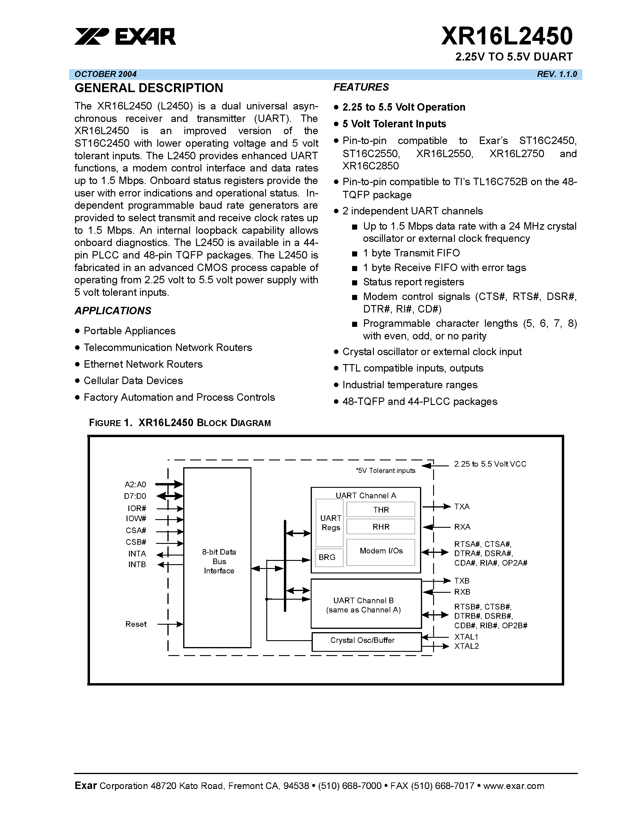 Datasheet XR16L2450 page 1 Datasheet XR16L2450 - 2.25V TO 5.5V DUART page 1