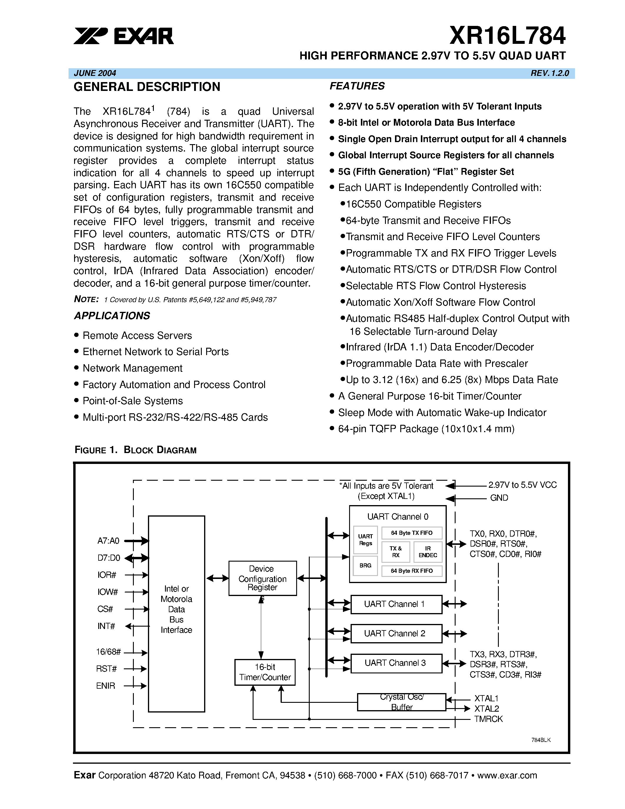 Datasheet XR16L784IV page 1 Datasheet XR16L784IV - HIGH PERFORMANCE 2.97V TO 5.5V QUAD UART page 1