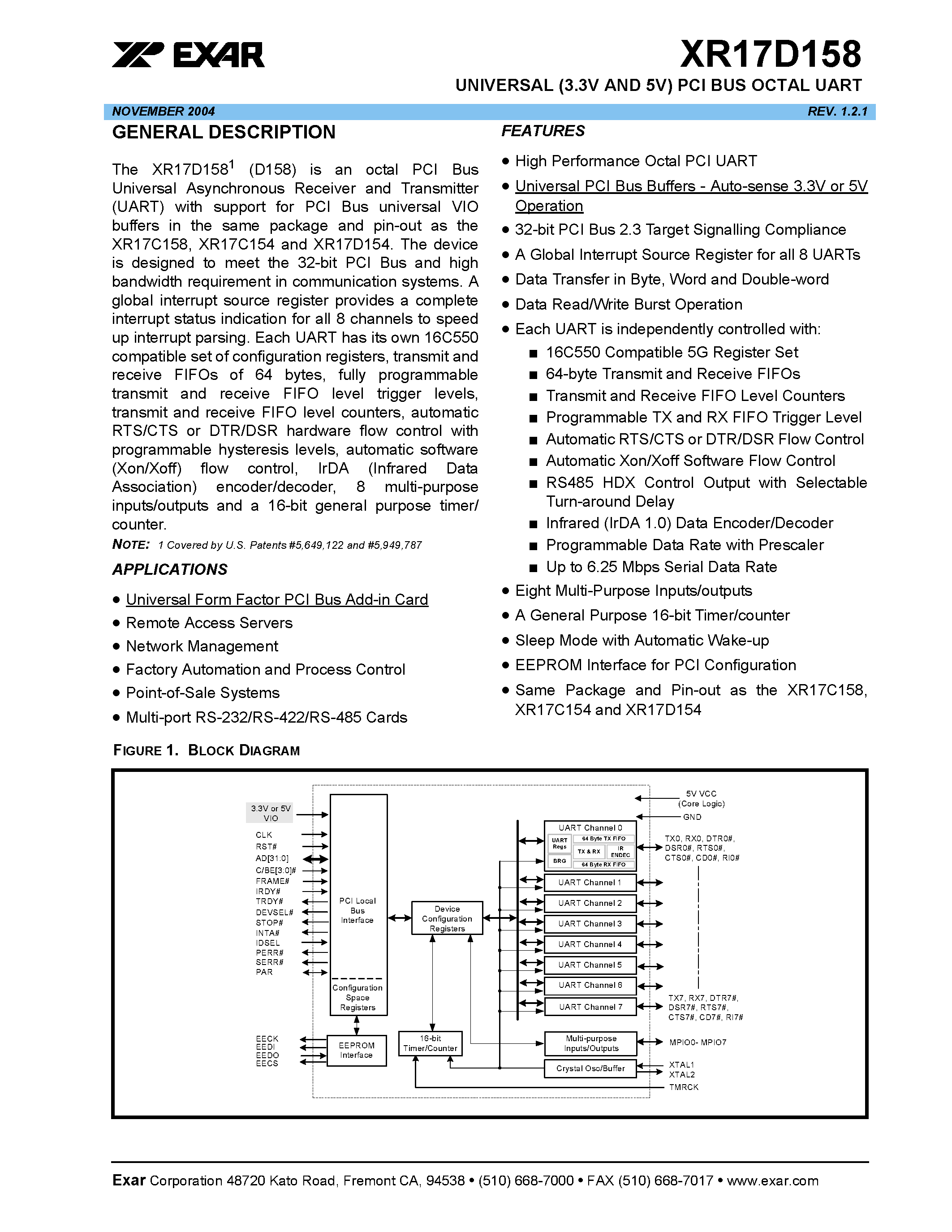 Даташит XR17D158 - UNIVERSAL (3.3V AND 5V) PCI BUS OCTAL UART страница 1