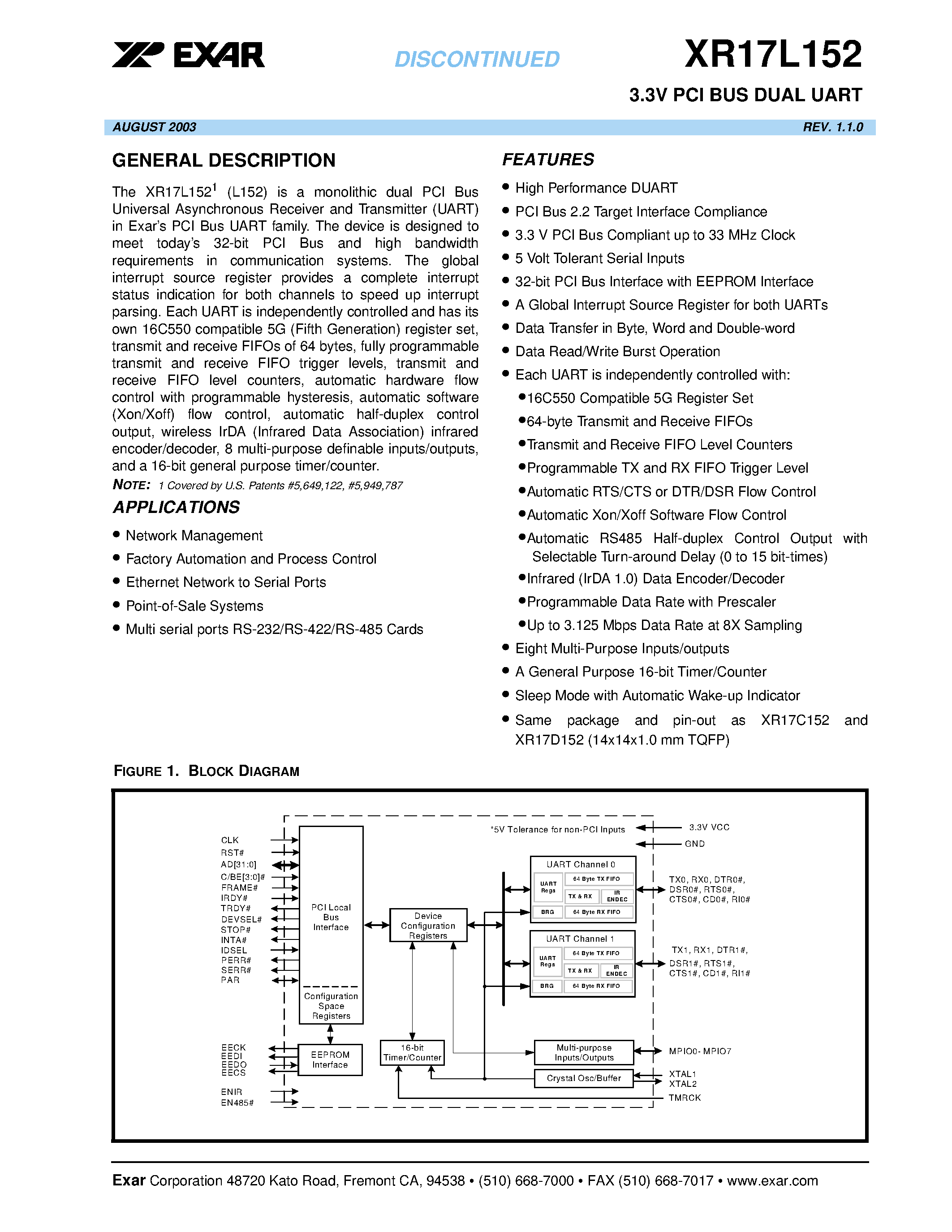 Даташит на микросхему XR17L152 страница 1 Даташит XR17L152 - 3.3V PCI BUS DUAL UART страница 1