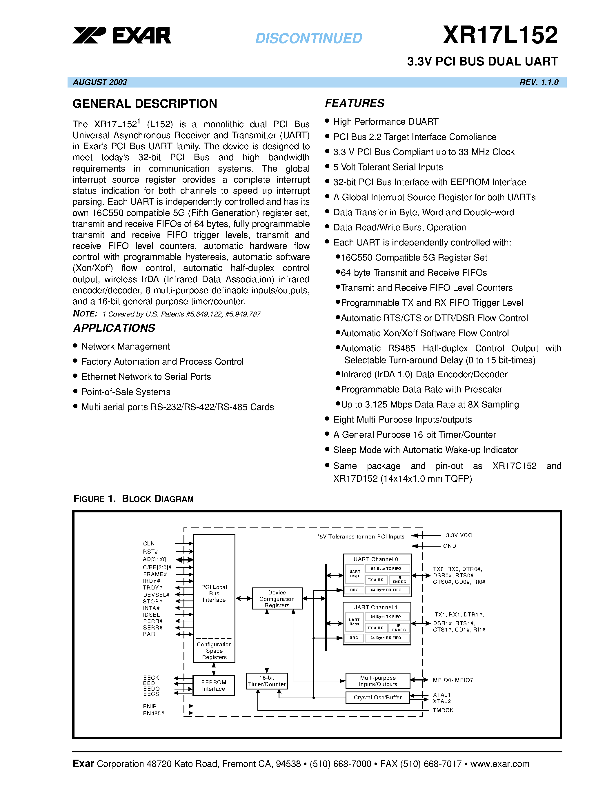 Даташит XR17L152 - 3.3V PCI BUS DUAL UART страница 1
