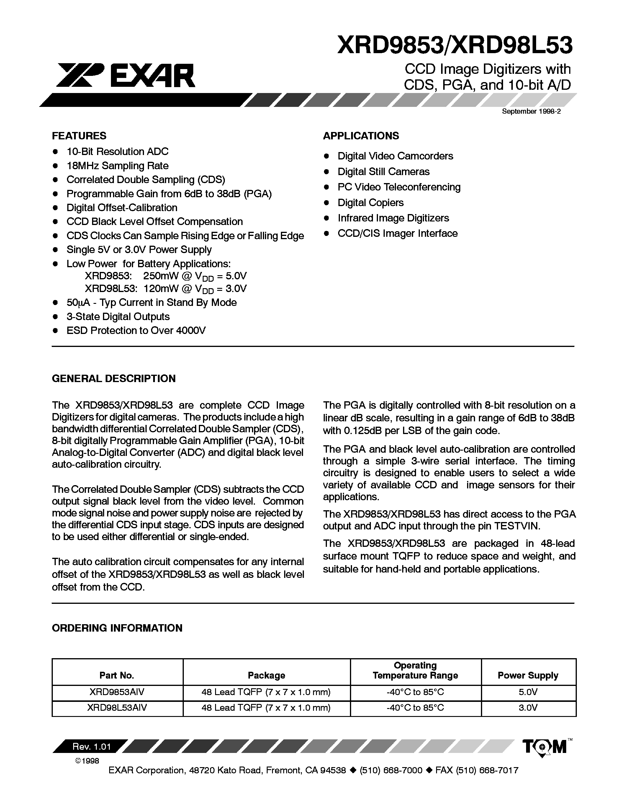 Datasheet XRD9853 - CCD Image Digitizers with CDS/ PGA/ and 10-bit A/D page 1