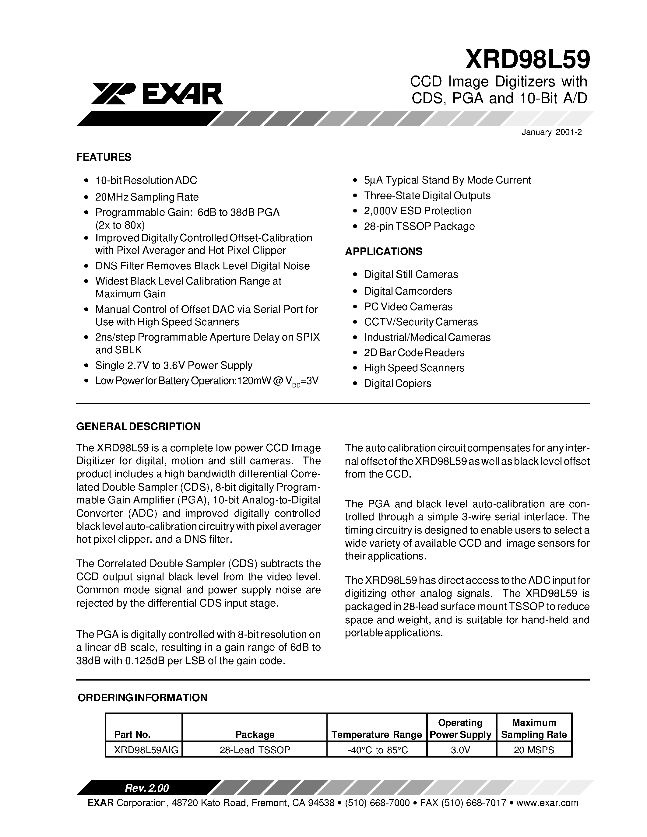 Datasheet XRD98L59 - CCD Image Digitizers with CDS/ PGA and 10-Bit A/D page 1