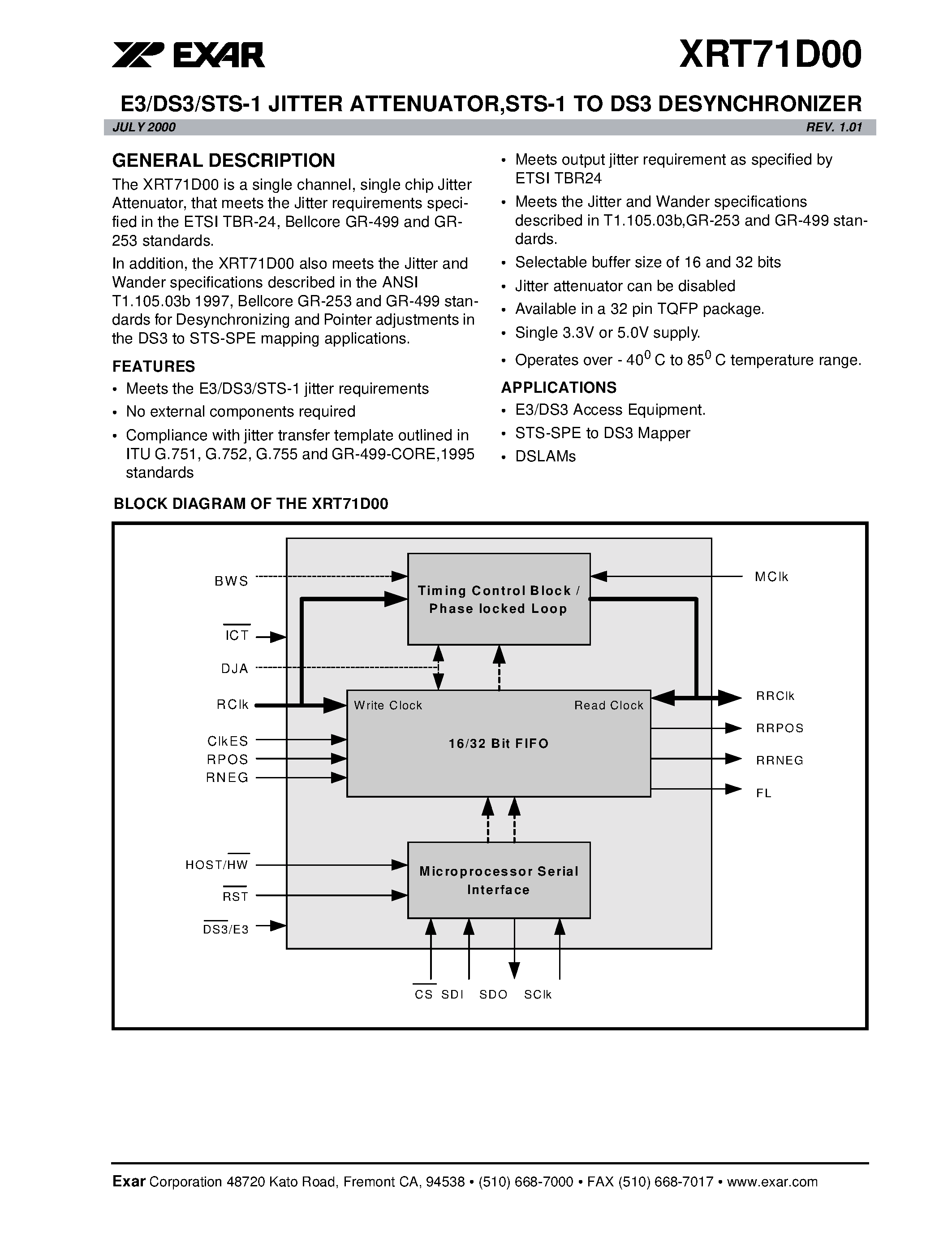 Даташит на микросхему XRT71D00 страница 1 Даташит XRT71D00 - E3/DS3/STS-1 JITTER ATTENUATOR/STS-1 TO DS3 DESYNCHRONIZER страница 1