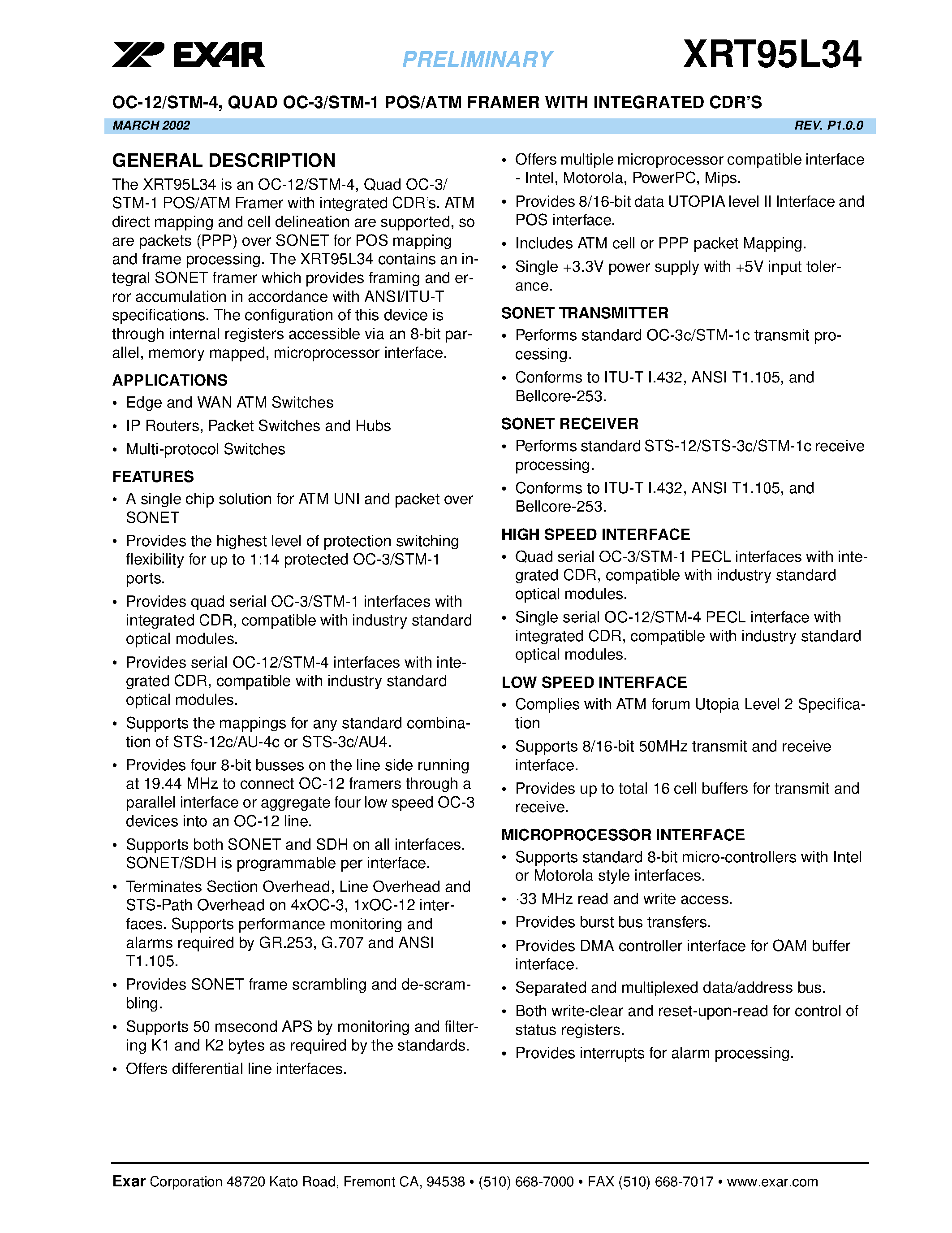 Datasheet XRT95L34IV page 1 Datasheet XRT95L34IV - OC-12/STM-4/ QUAD OC-3/STM-1 POS/ATM FRAMER WITH INTEGRATED CDRS page 1