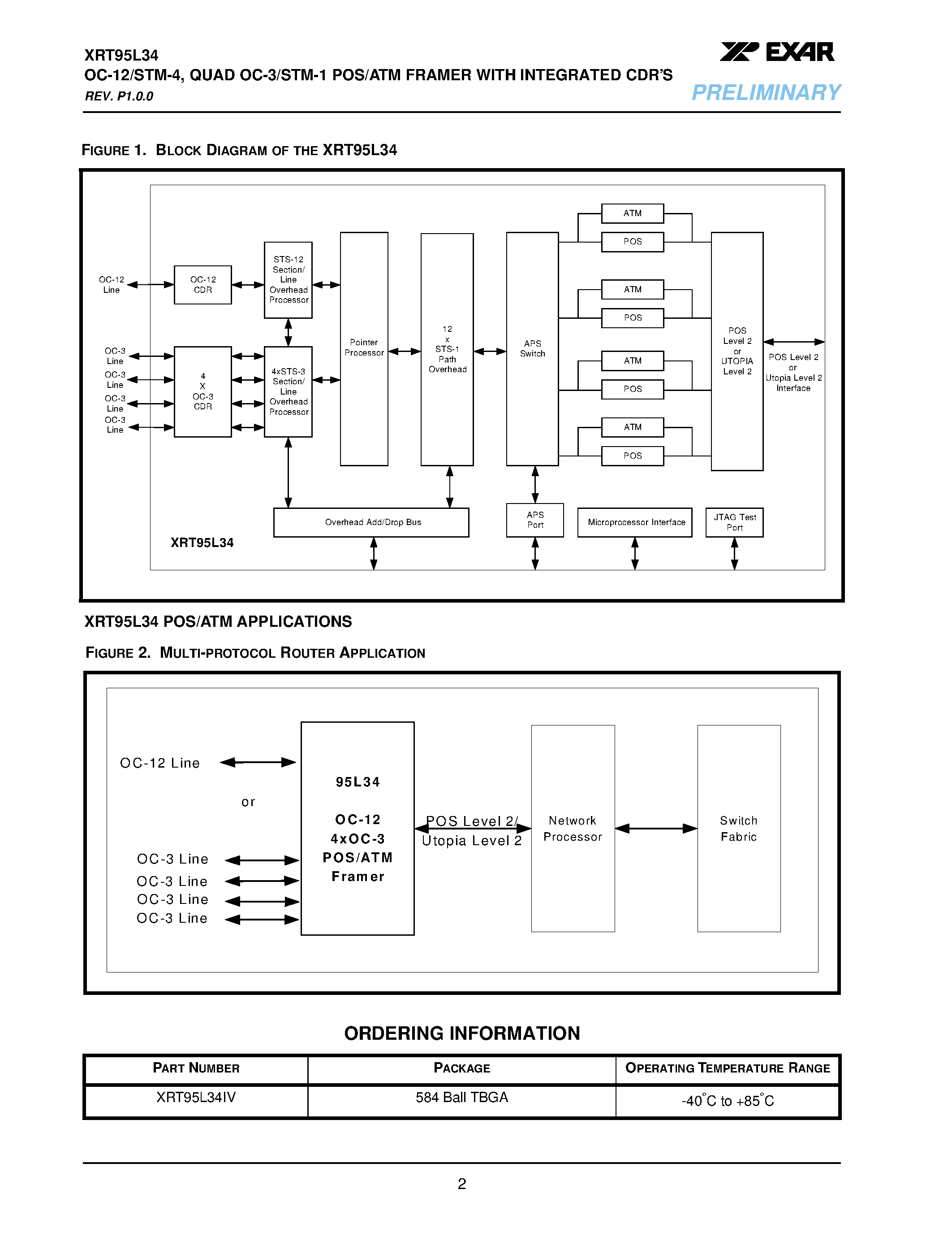 Даташит XRT95L34IV - OC-12/STM-4/ QUAD OC-3/STM-1 POS/ATM FRAMER WITH INTEGRATED CDRS страница 2