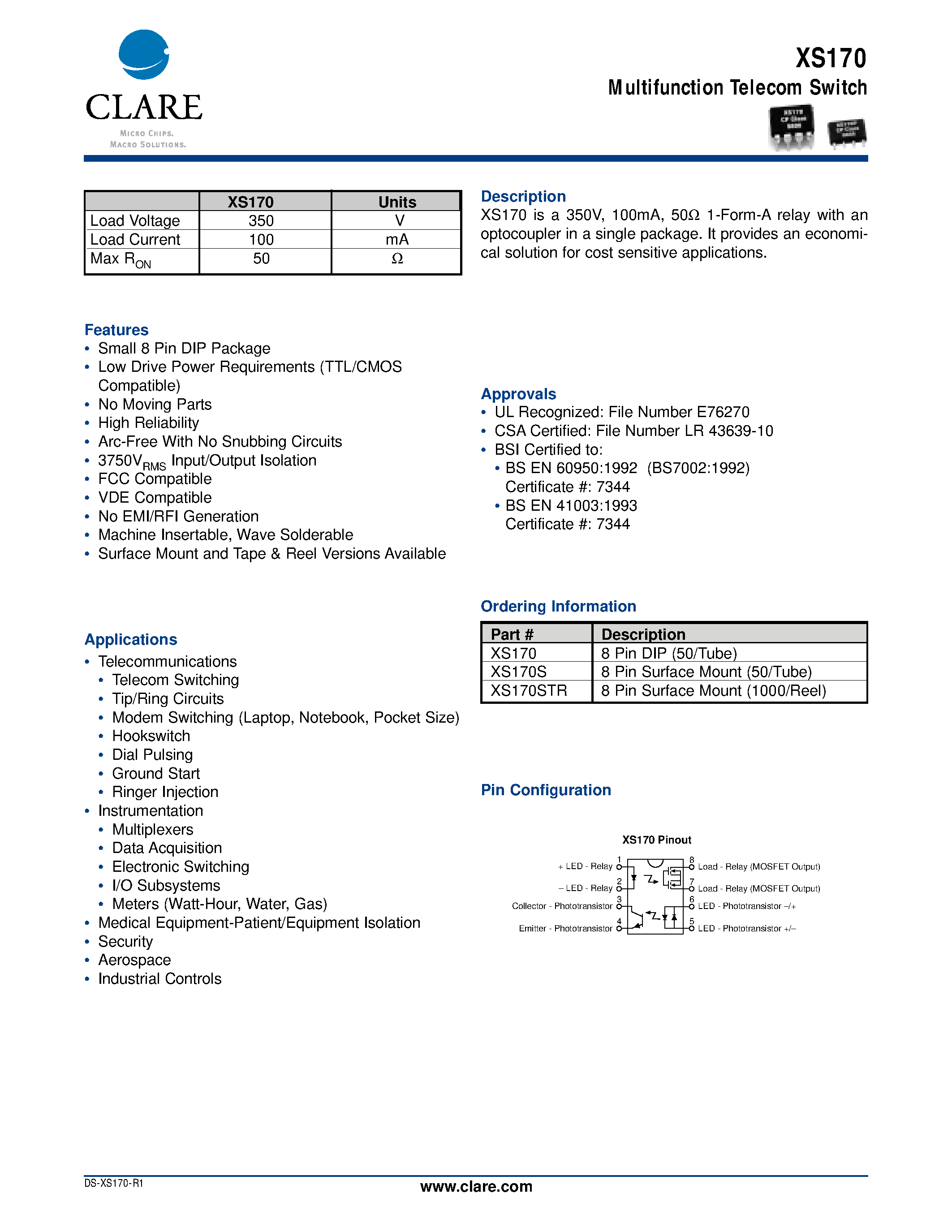 Datasheet XS170STR - Multifunction Telecom Switch page 1