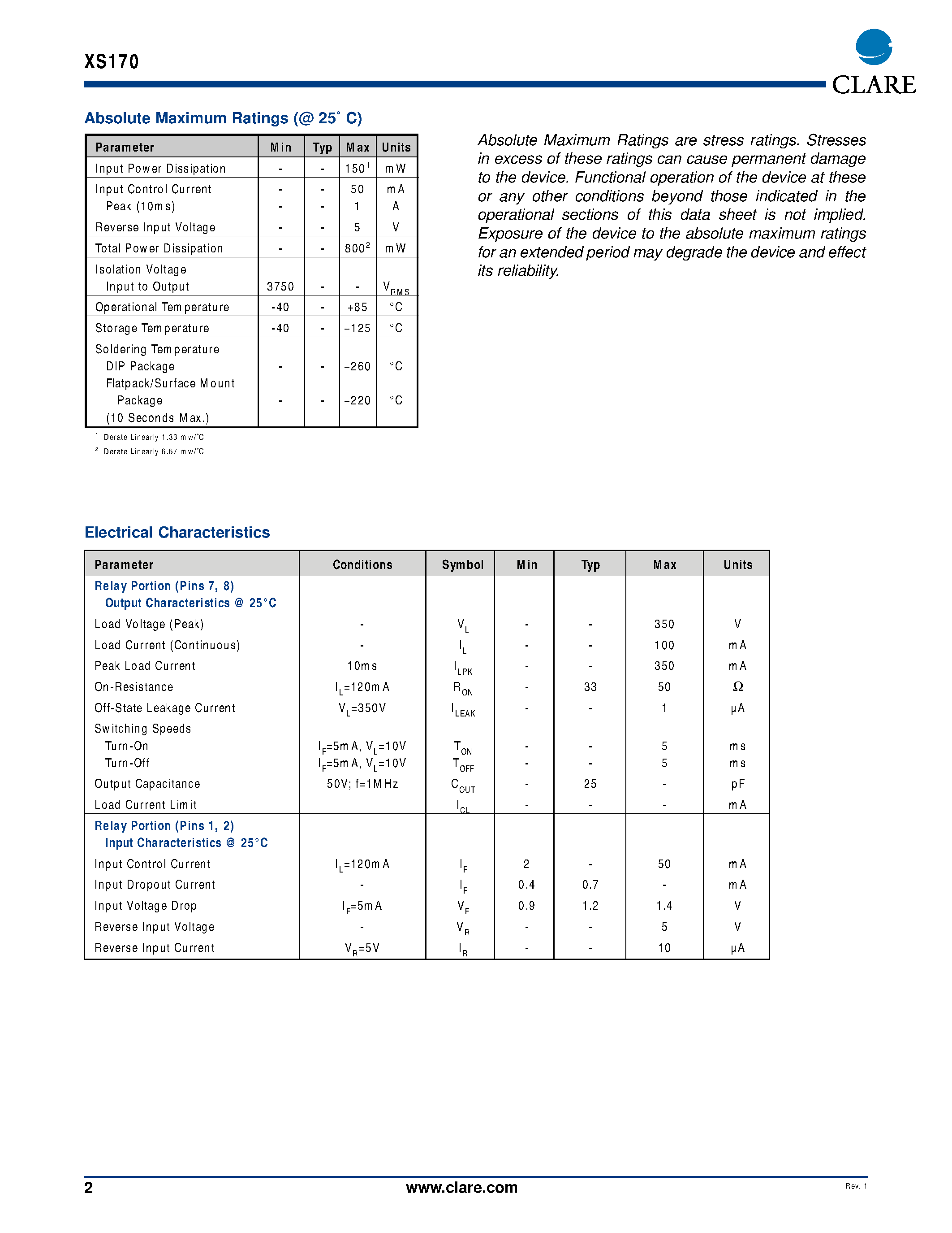 Datasheet XS170STR - Multifunction Telecom Switch page 2