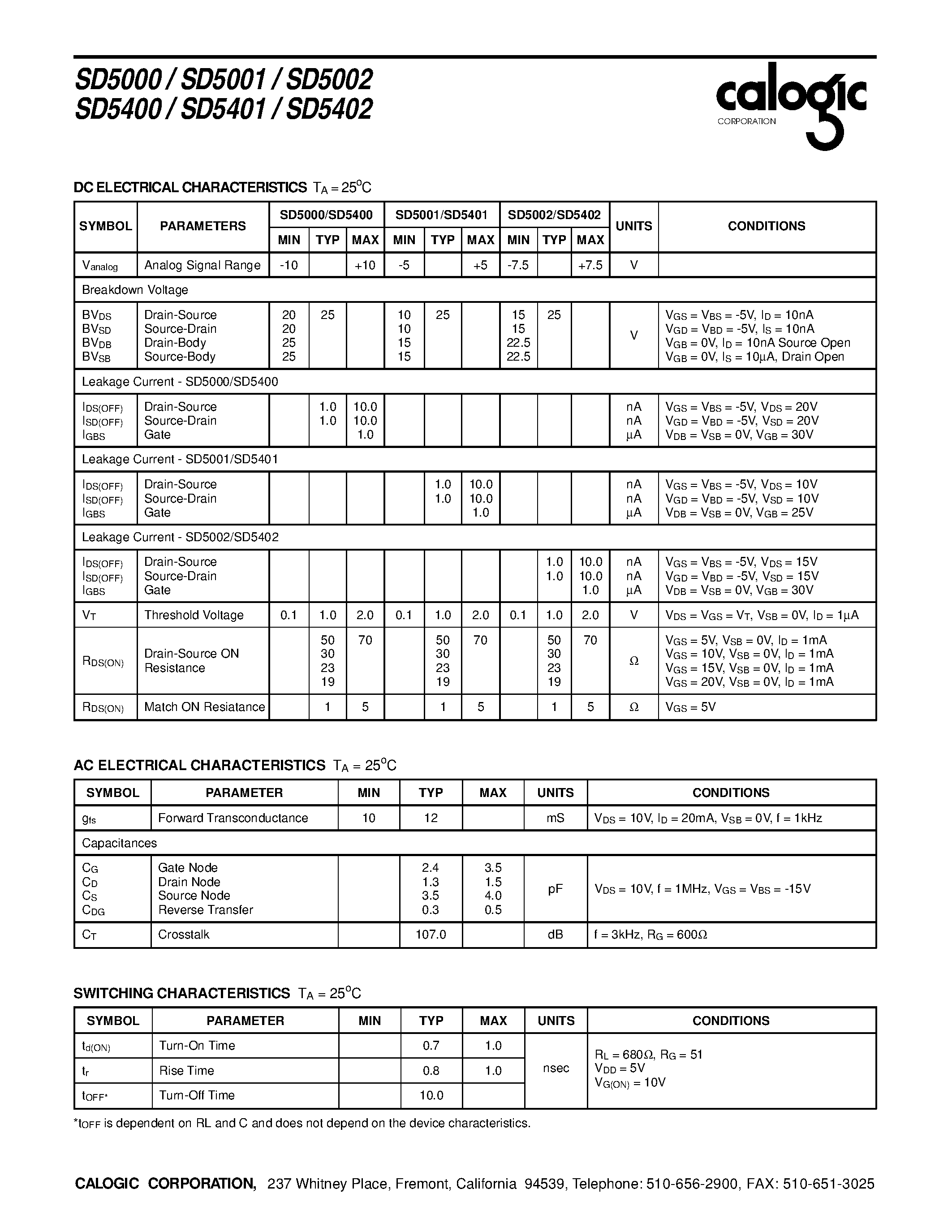 Datasheet XSD5002 page 2 Datasheet XSD5002 - High-Speed DMOS Quad FET Analog Switch Arrays page 2