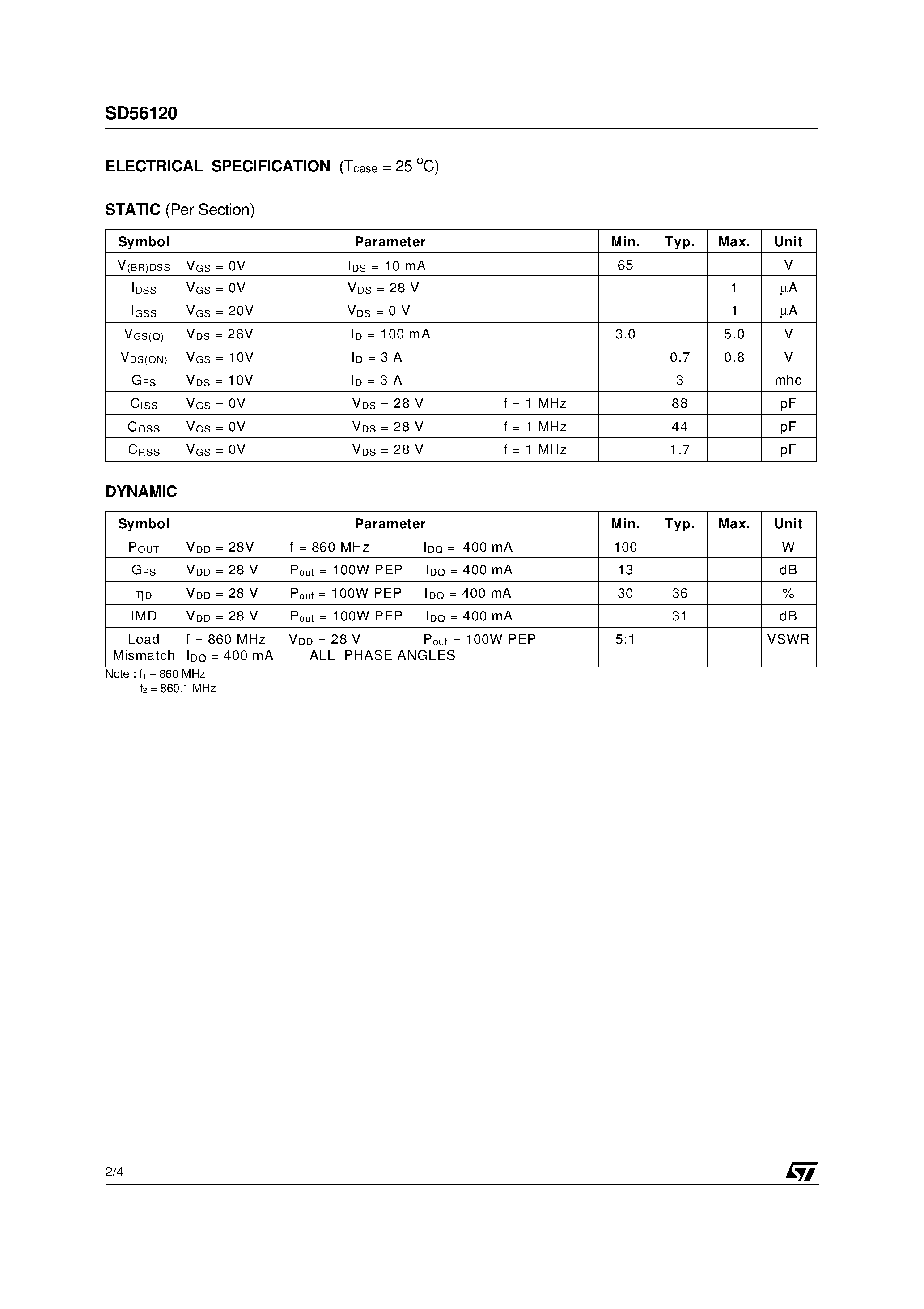 Datasheet XSD56120 - RF POWER TRANSISTORS RF POWER TRANSISTORS page 2