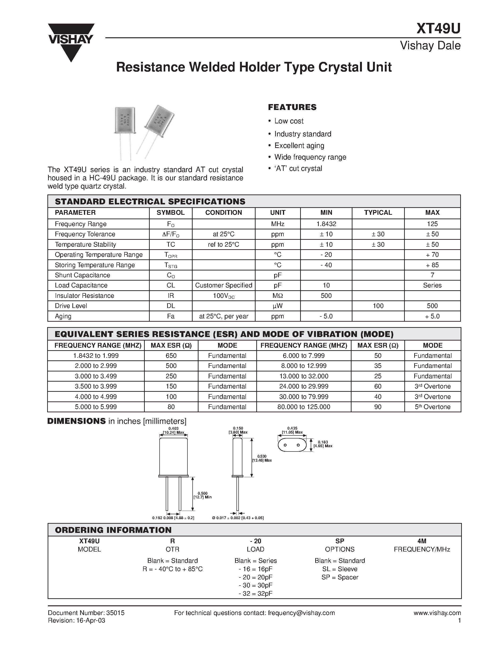 Datasheet XT49U - Resistance Welded Holder Type Crystal Unit page 1