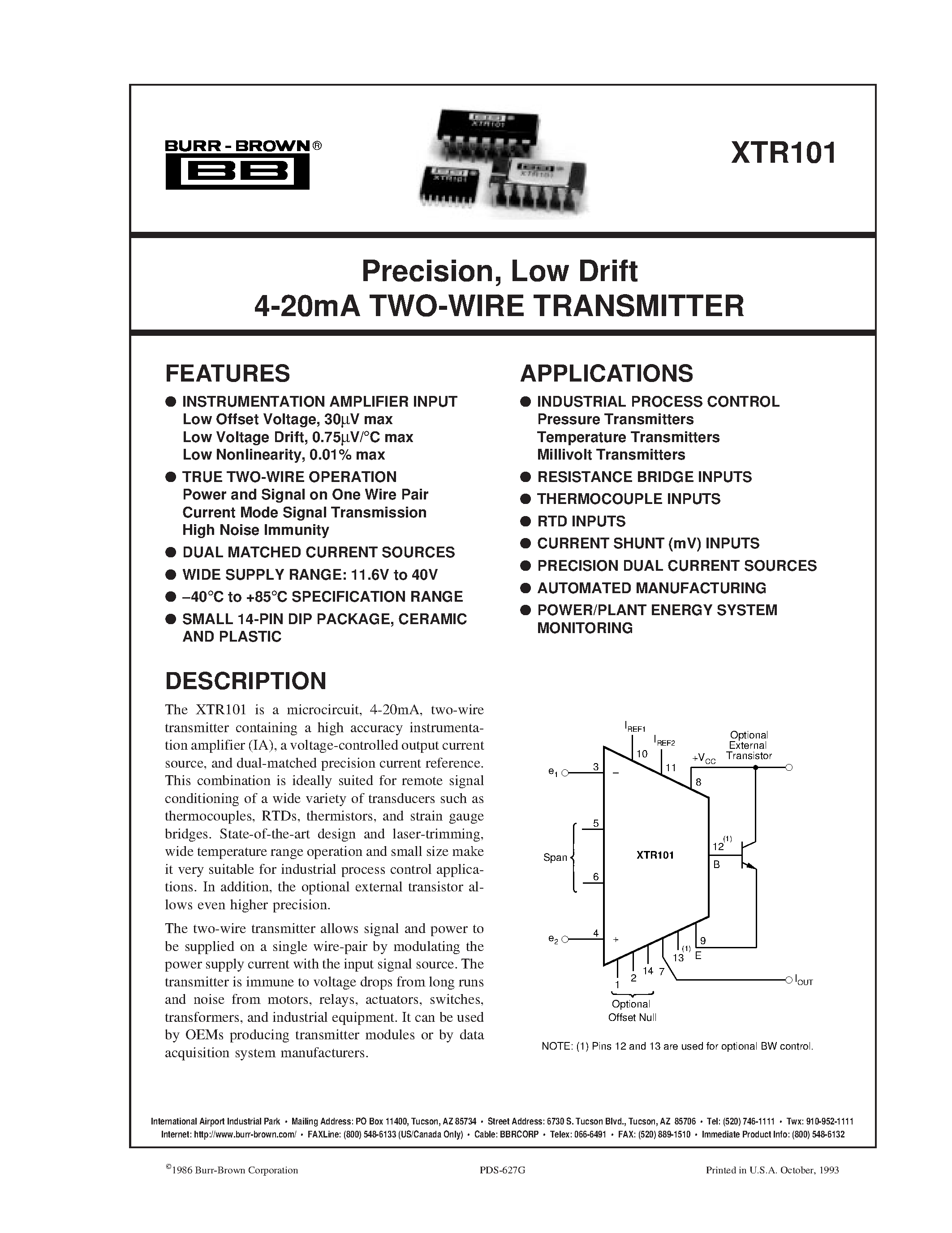 Даташит XTR101 - Precision/ Low Drift 4-20mA TWO-WIRE TRANSMITTER страница 1