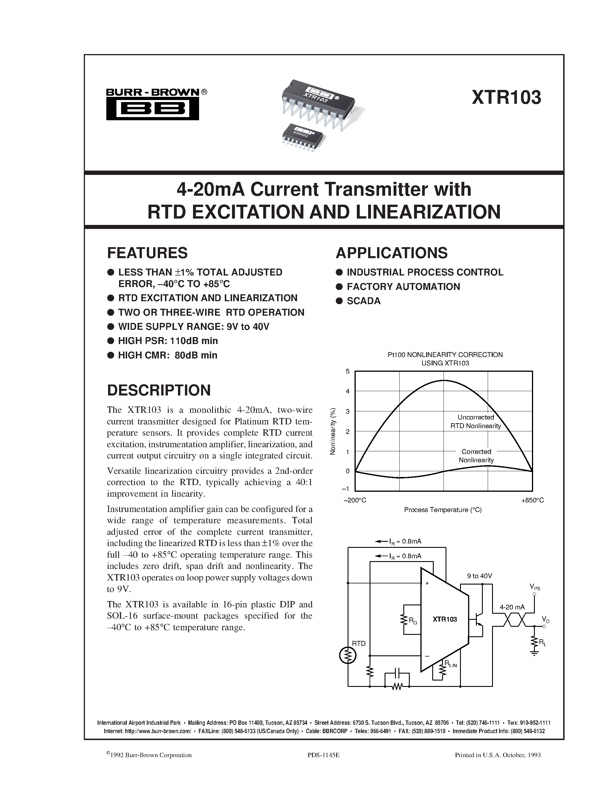 Даташит XTR103 - 4-20mA Current Transmitter with RTD EXCITATION AND LINEARIZATION страница 1
