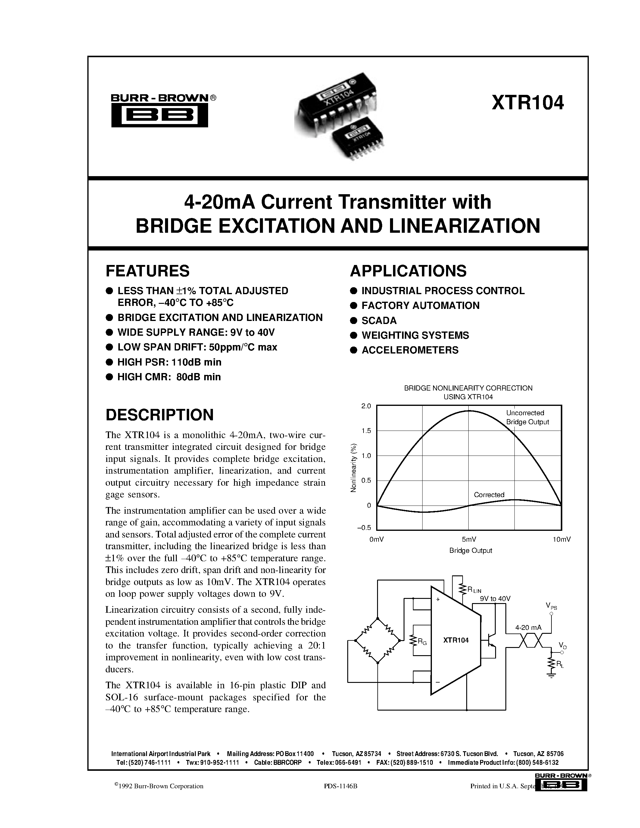 Даташит XTR104 - 4-20mA Current Transmitter with BRIDGE EXCITATION AND LINEARIZATION страница 1