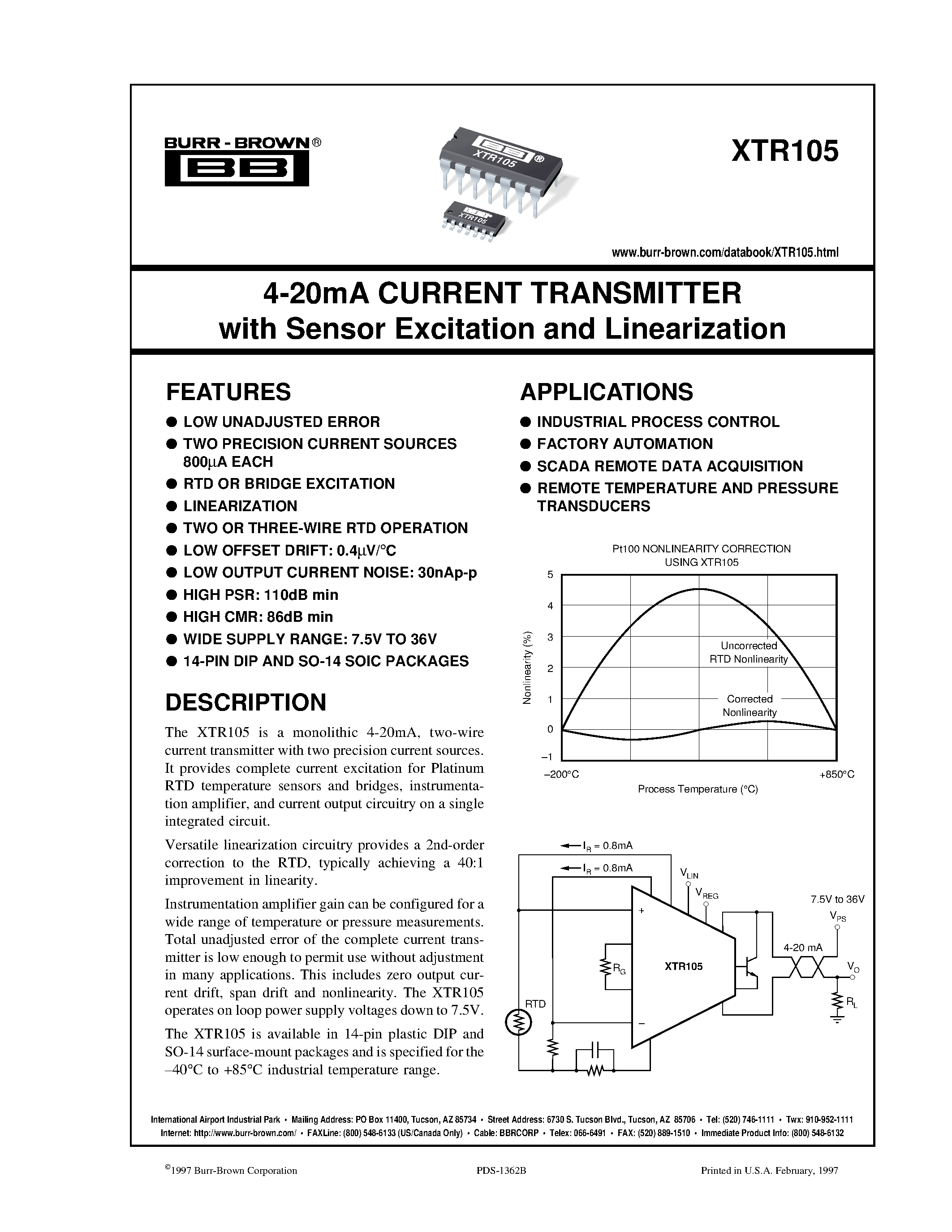 Даташит на микросхему XTR105 страница 1 Даташит XTR105 - 4-20mA CURRENT TRANSMITTER with Sensor Excitation and Linearization страница 1