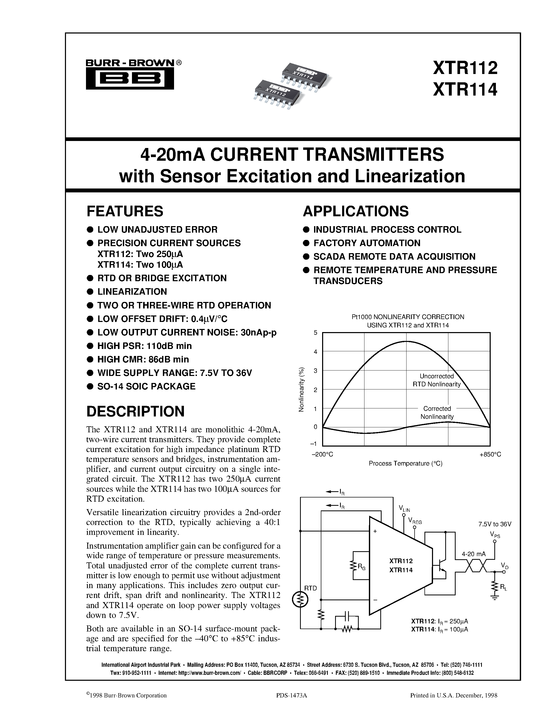Даташит XTR114 - 4-20mA CURRENT TRANSMITTERS with Sensor Excitation and Linearization страница 1
