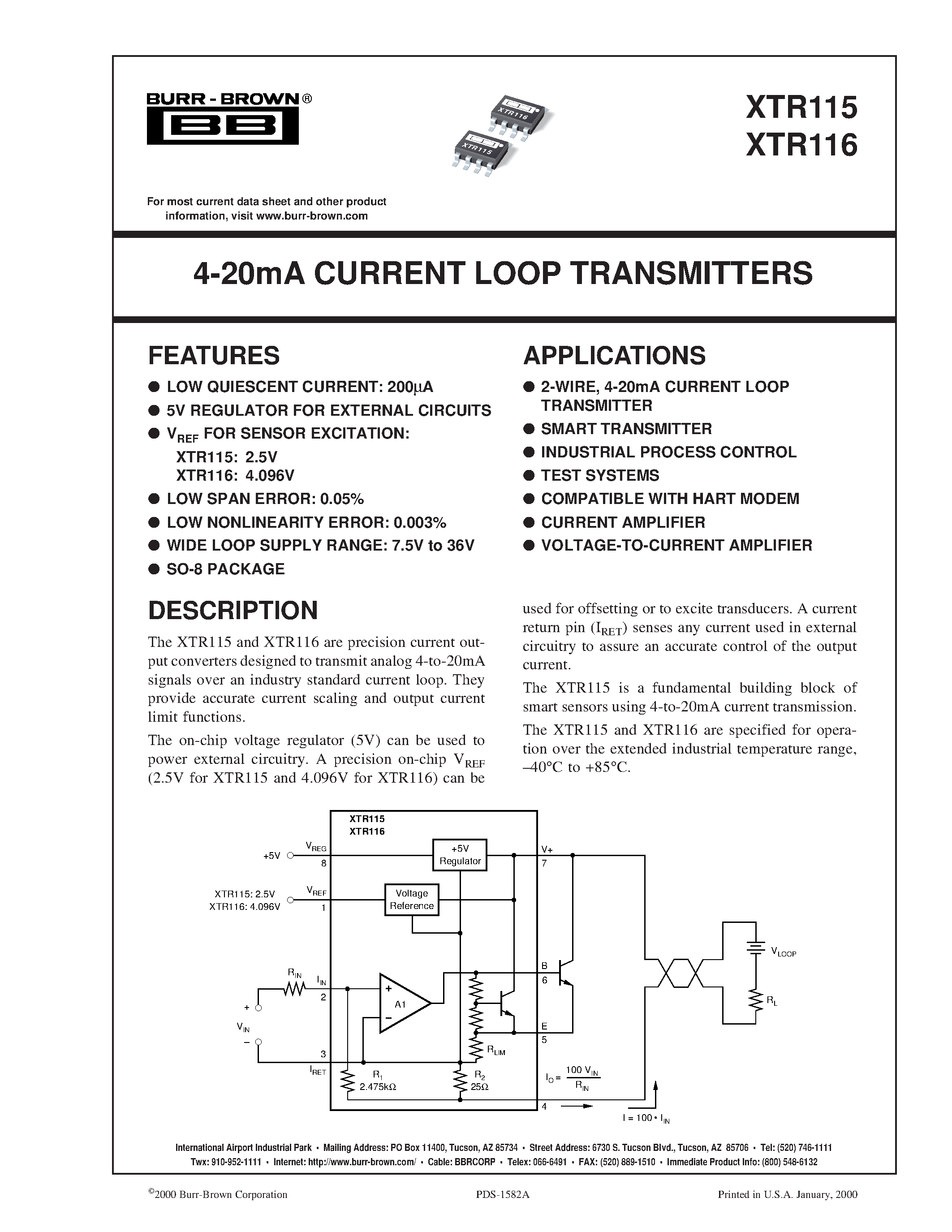 Даташит XTR115U - 4-20mA CURRENT LOOP TRANSMITTERS страница 1