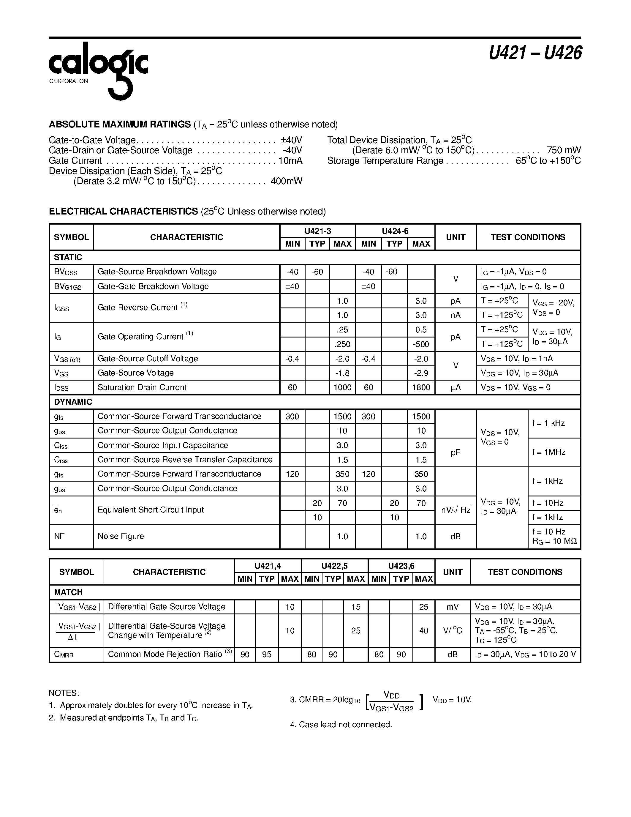 Datasheet XU422 page 2 Datasheet XU422 - N-Channel Dual JFET page 2
