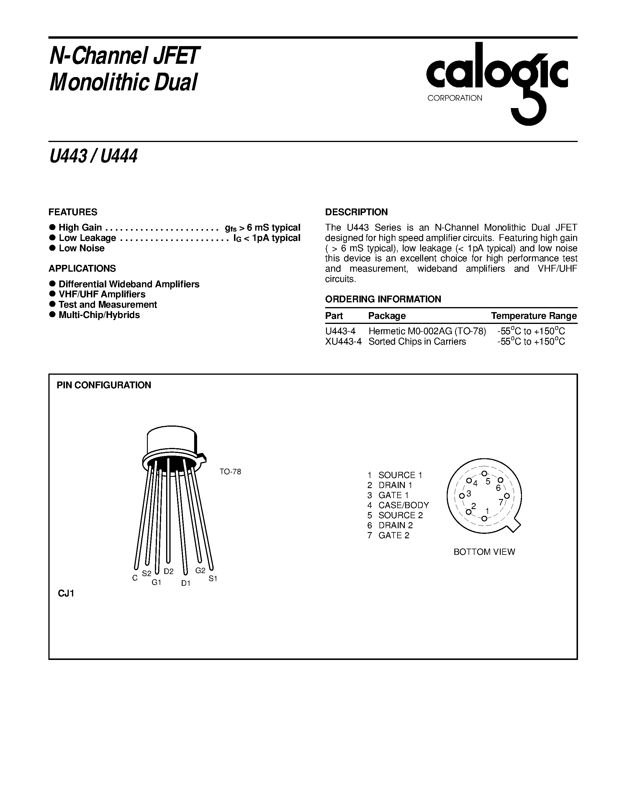 Datasheet XU443 - N-Channel JFET Monolithic Dual page 1
