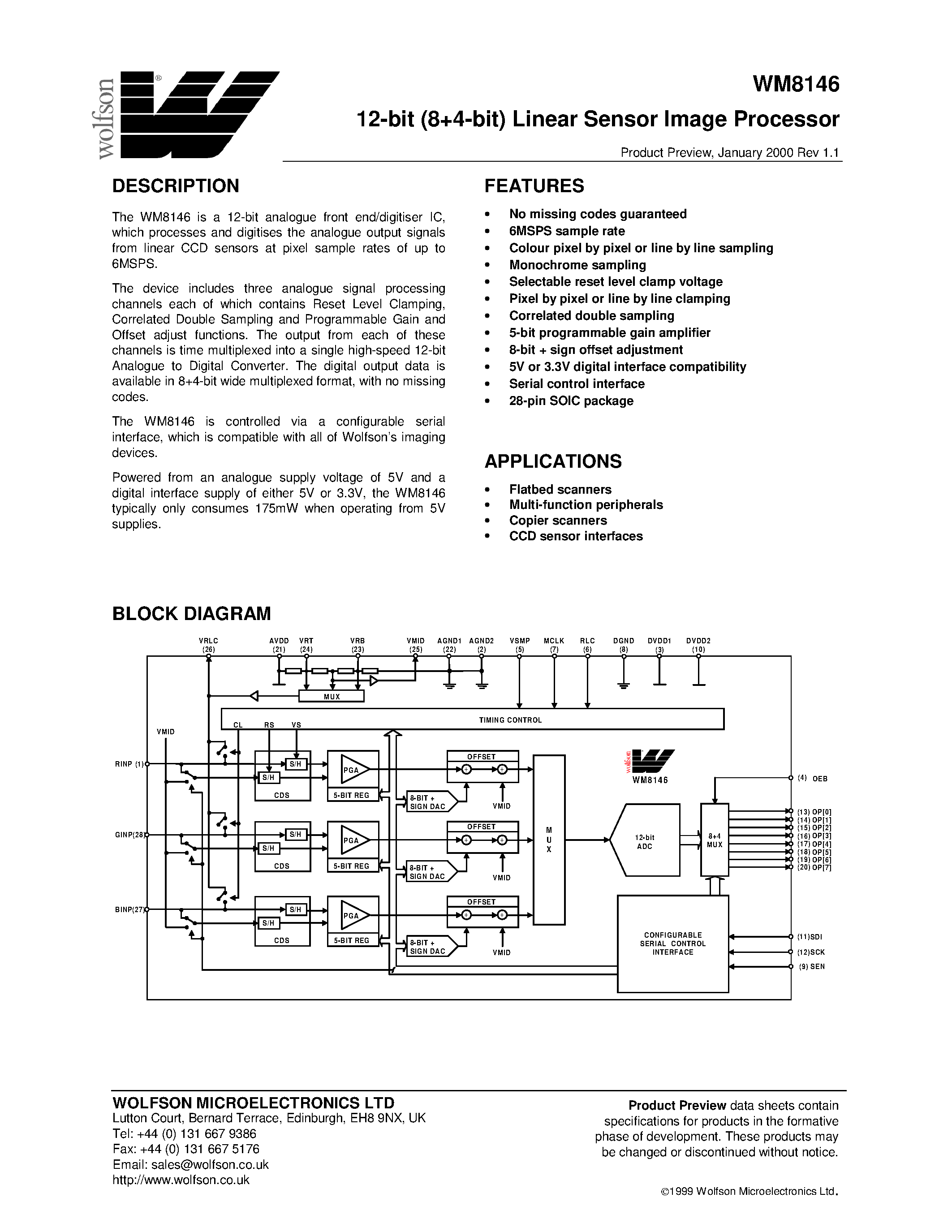 Даташит XWM8146CDW/V - 12-bit(8+4-bit) Linear Sensor Image Processor страница 1
