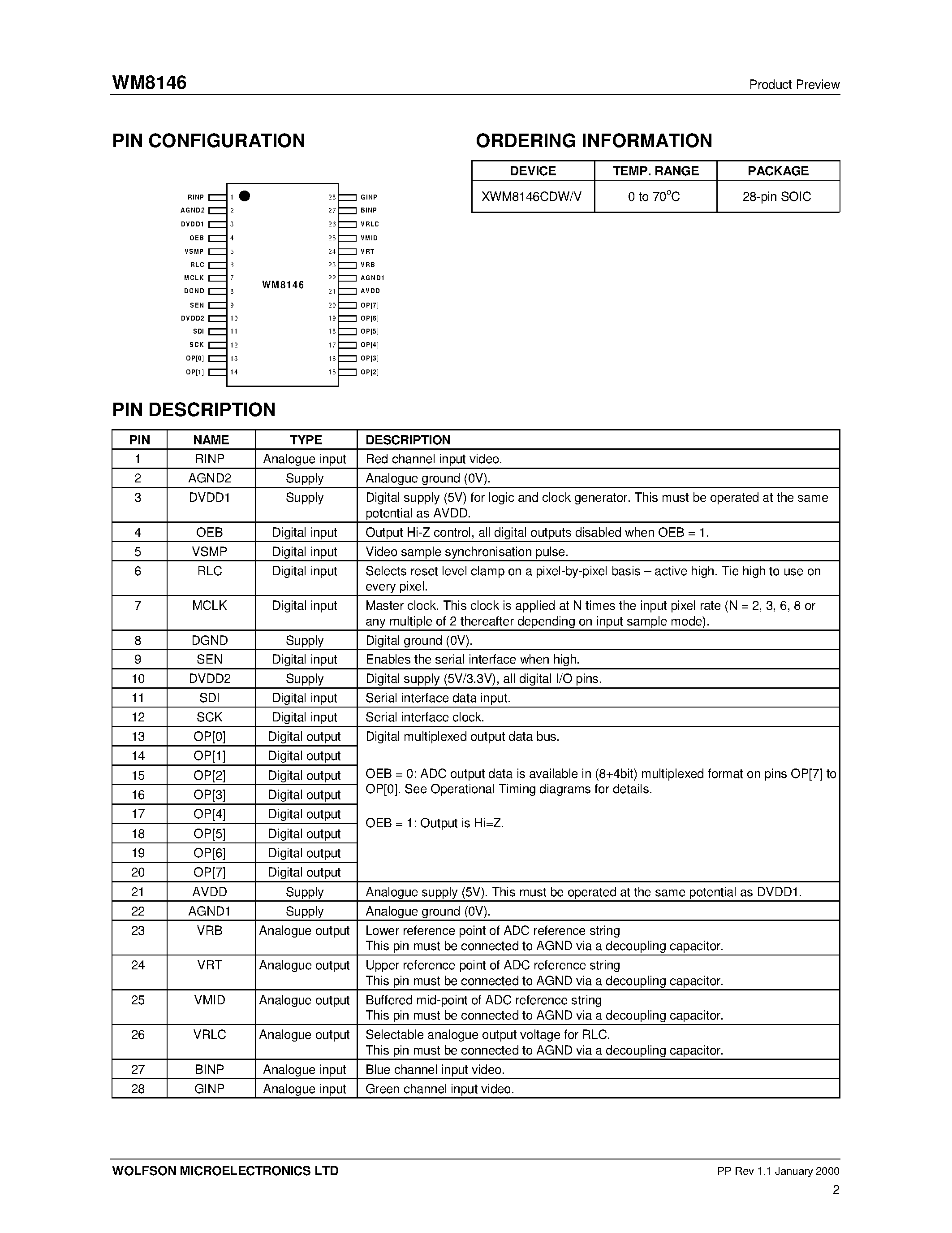Datasheet XWM8146CDW/V - 12-bit(8+4-bit) Linear Sensor Image Processor page 2
