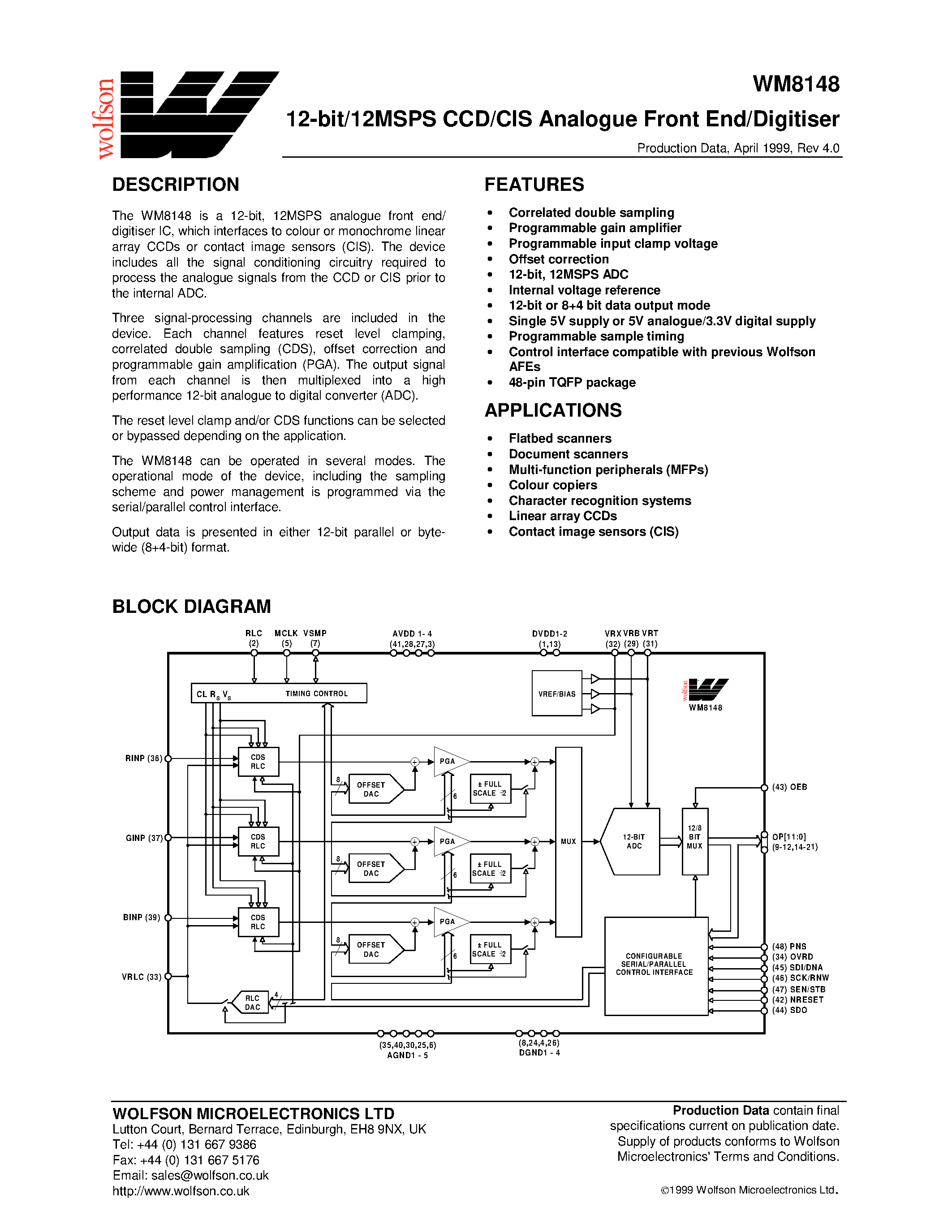 Даташит на микросхему XWM8148CFT/V страница 1 Даташит XWM8148CFT/V - 12-bit/12MSPS CCD/CIS Analogue Front End/Digitiser страница 1