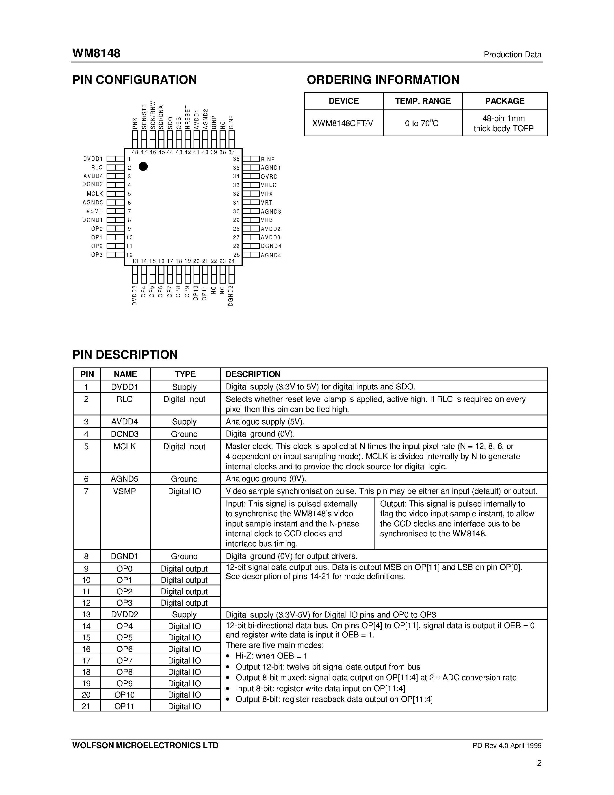 Даташит на микросхему XWM8148CFT/V страница 2 Даташит XWM8148CFT/V - 12-bit/12MSPS CCD/CIS Analogue Front End/Digitiser страница 2