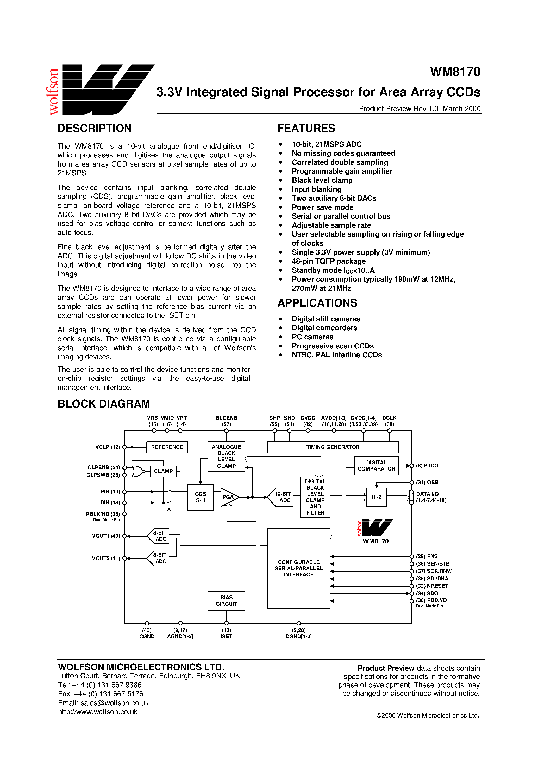 Даташит на микросхему XWM8170CFT/V страница 1 Даташит XWM8170CFT/V - 3.3V Integrated Signal Processor for Area Array CCDs страница 1