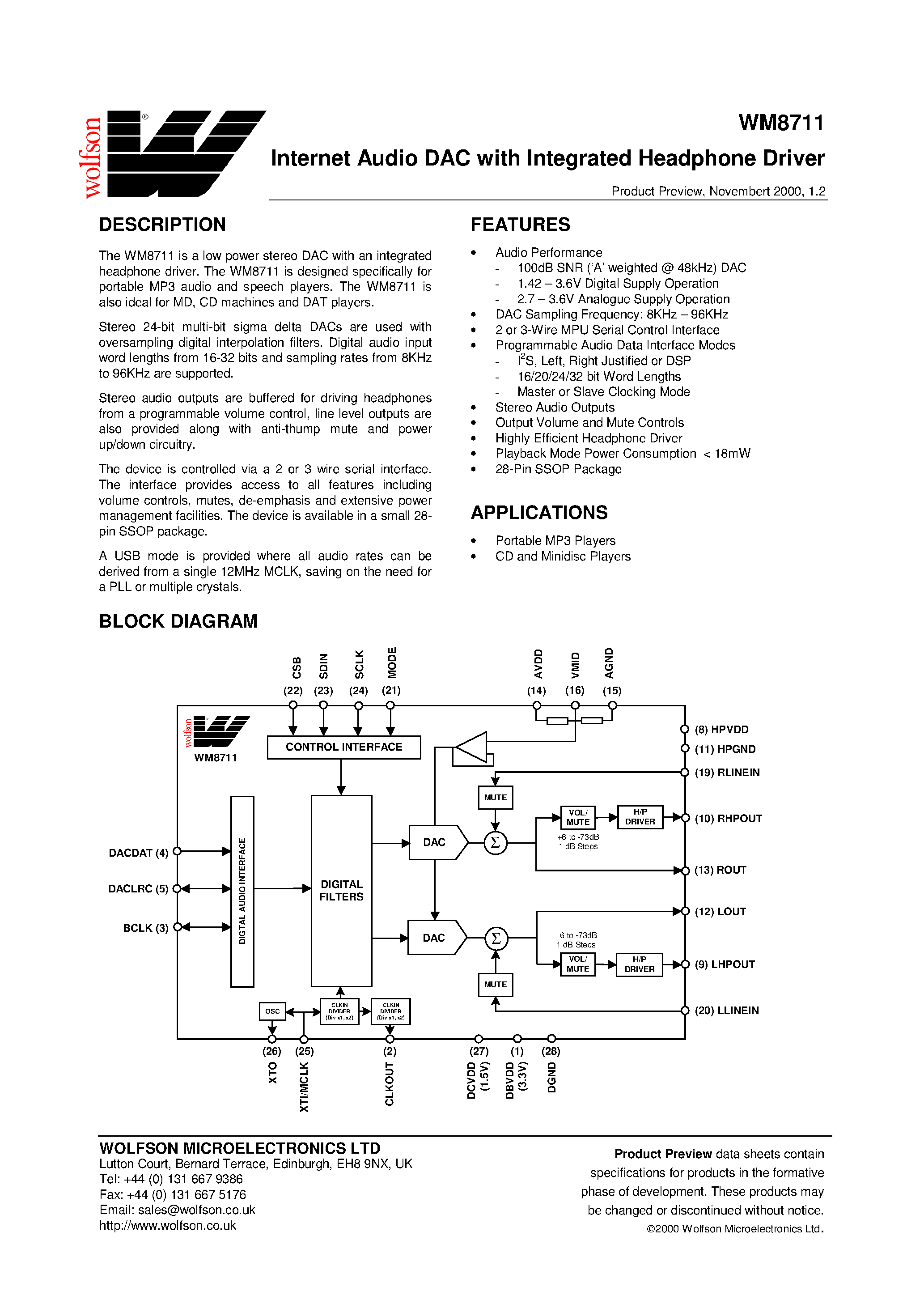 Datasheet XWM8711EDS - Internet Audio DAC with Integrated Headphone Driver page 1