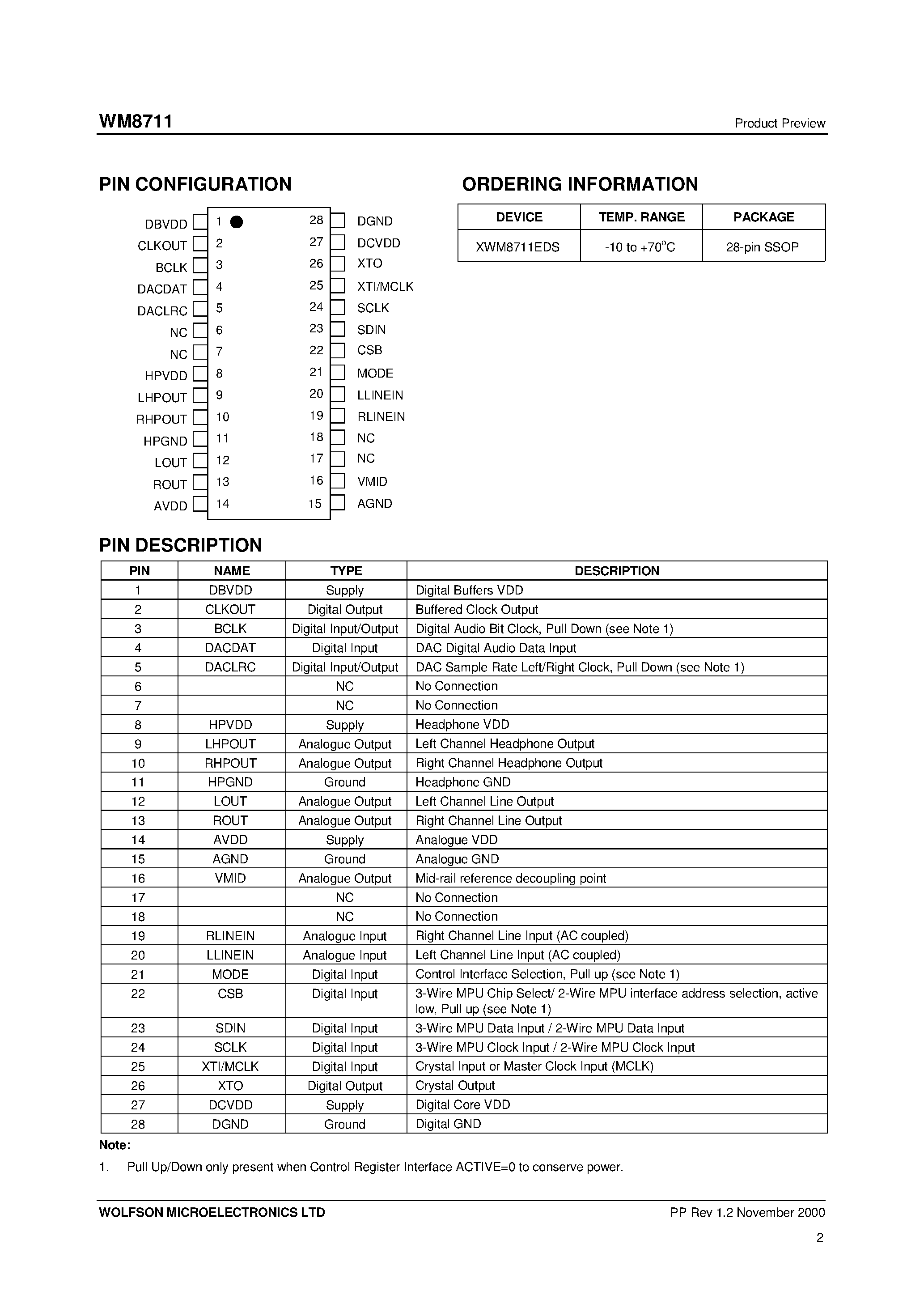 Datasheet XWM8711EDS - Internet Audio DAC with Integrated Headphone Driver page 2