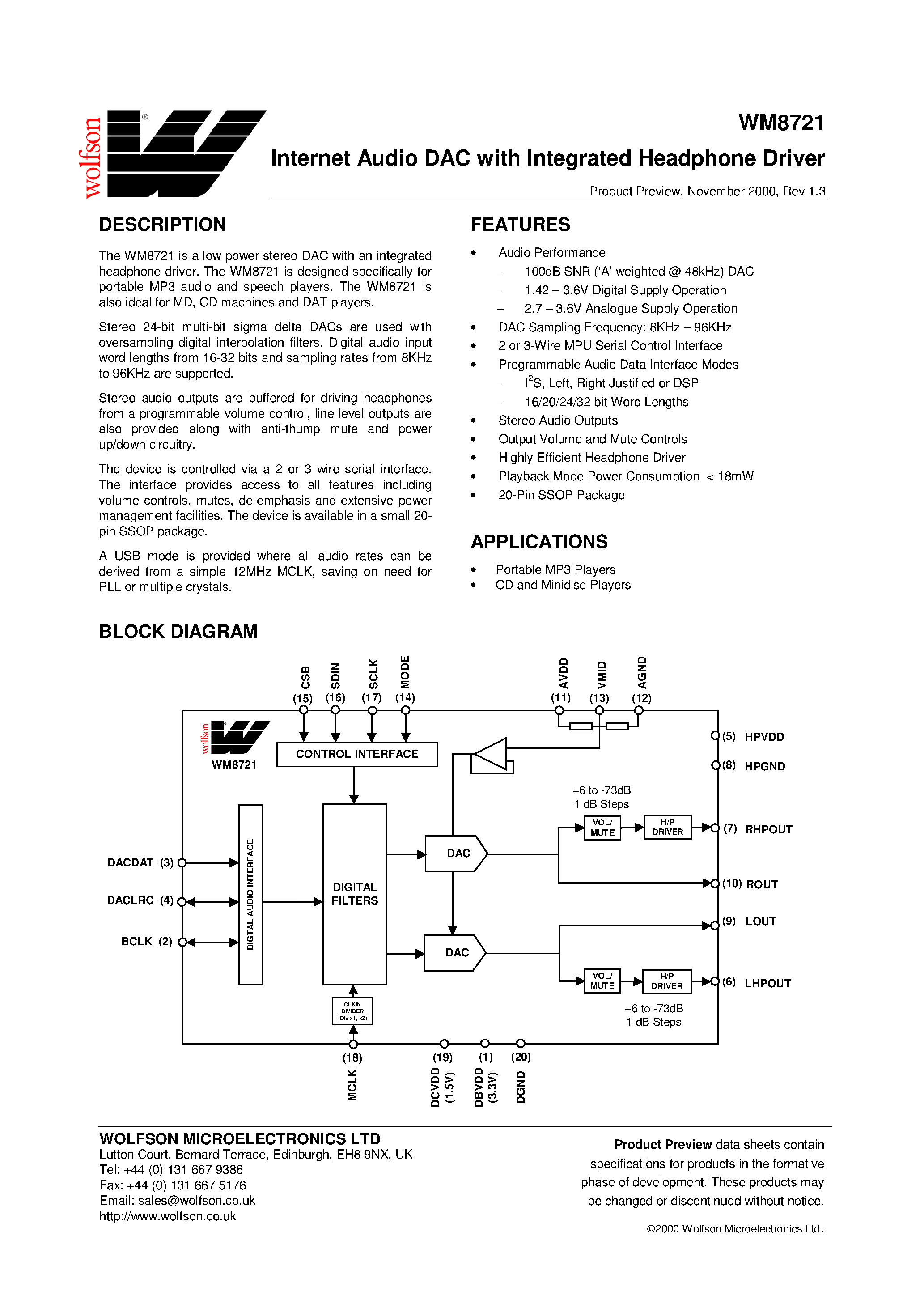 Datasheet XWM8721EDS - Internet Audio DAC with Integrated Headphone Driver page 1
