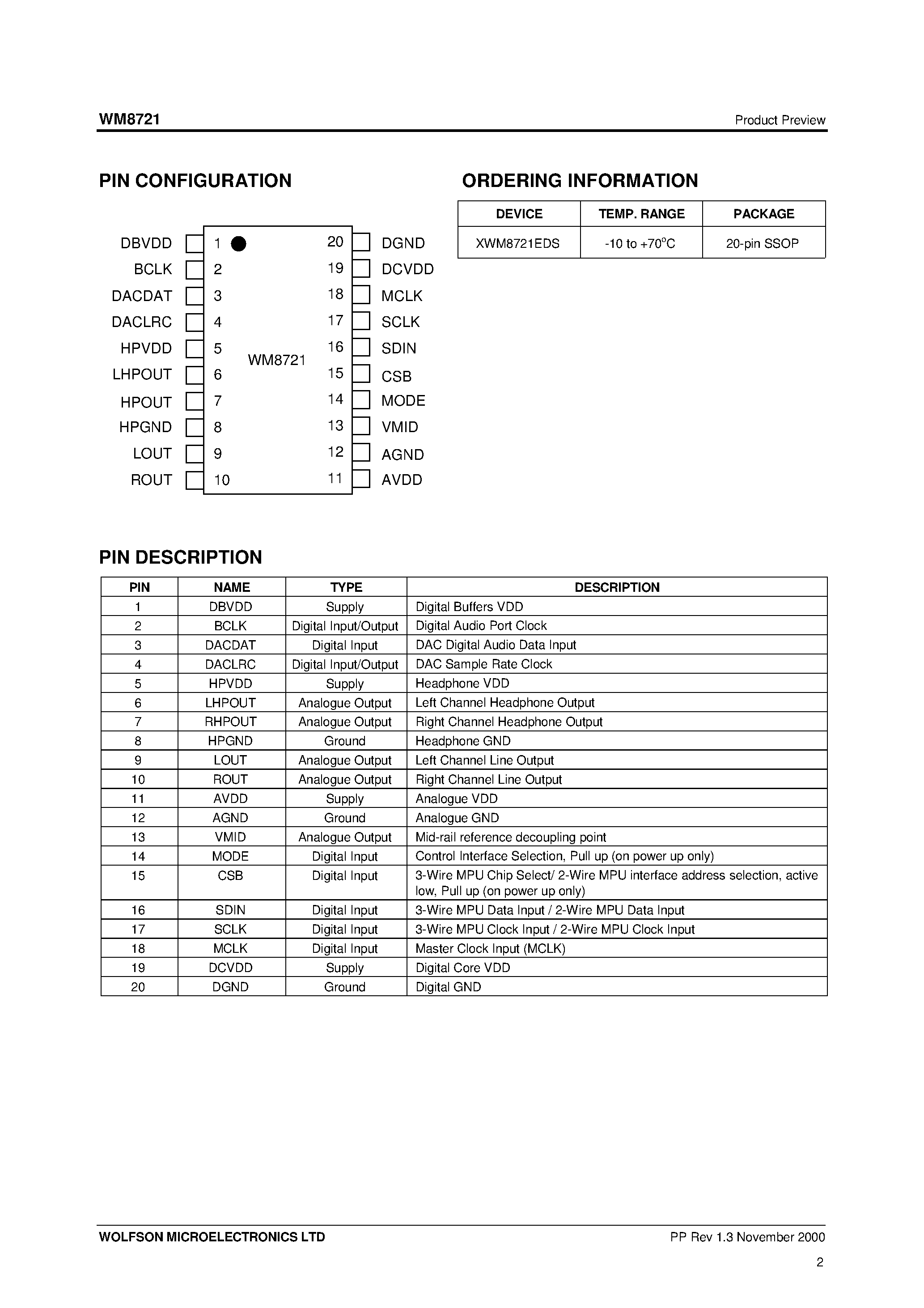 Datasheet XWM8721EDS - Internet Audio DAC with Integrated Headphone Driver page 2
