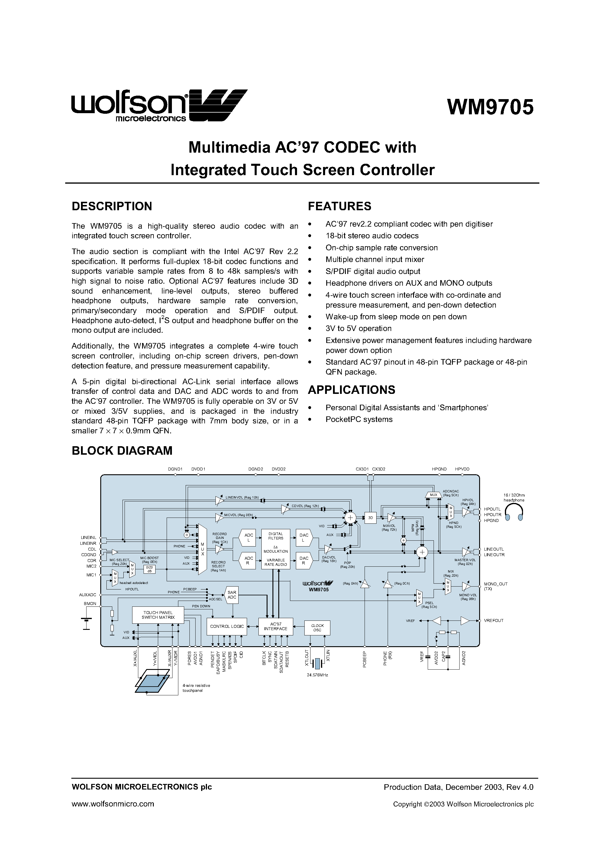 Datasheet XWM9705EFT/V - Multimedia AC97 CODEC with Integrated Touch Screen Controller page 1