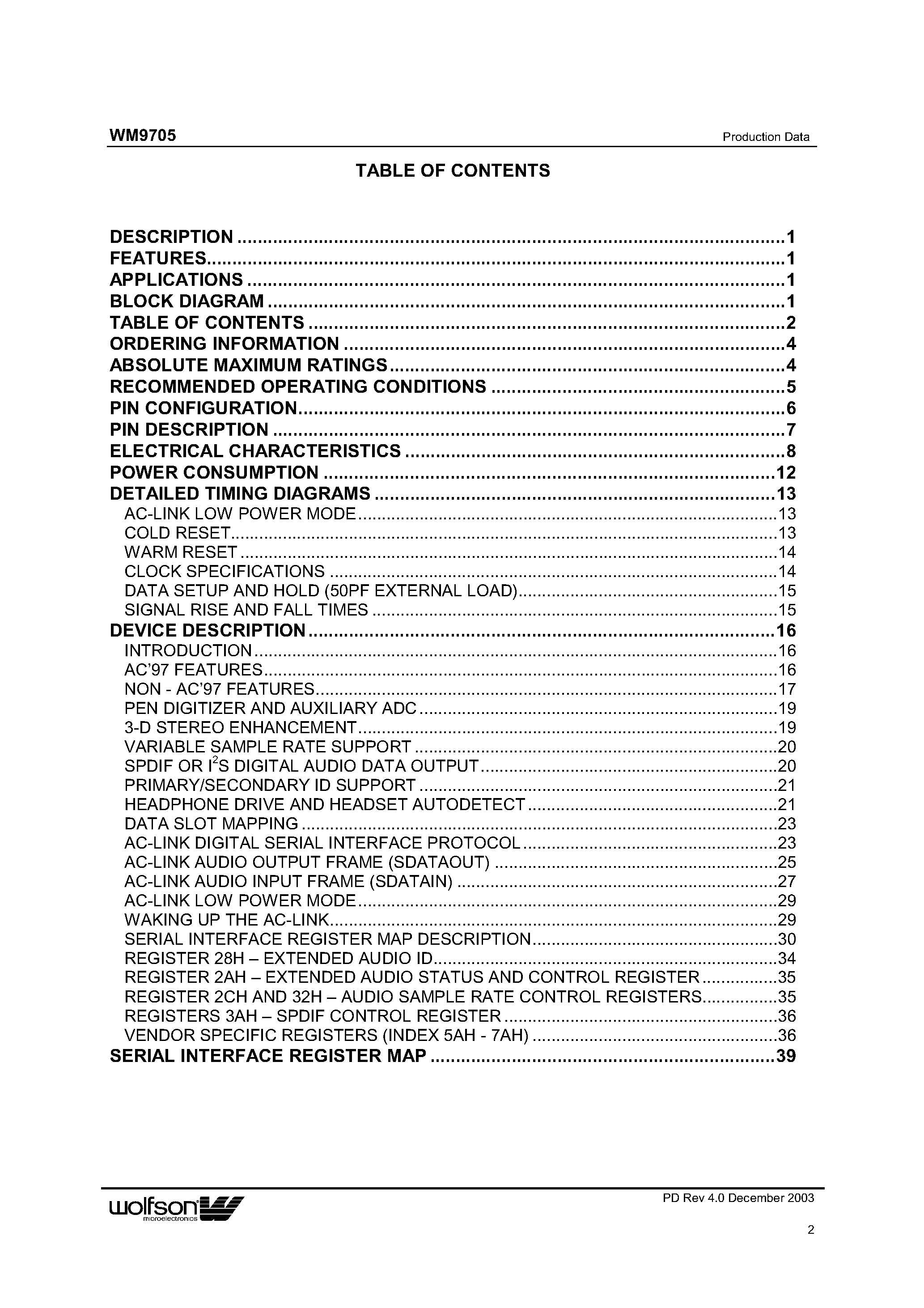 Datasheet XWM9705EFT/V - Multimedia AC97 CODEC with Integrated Touch Screen Controller page 2