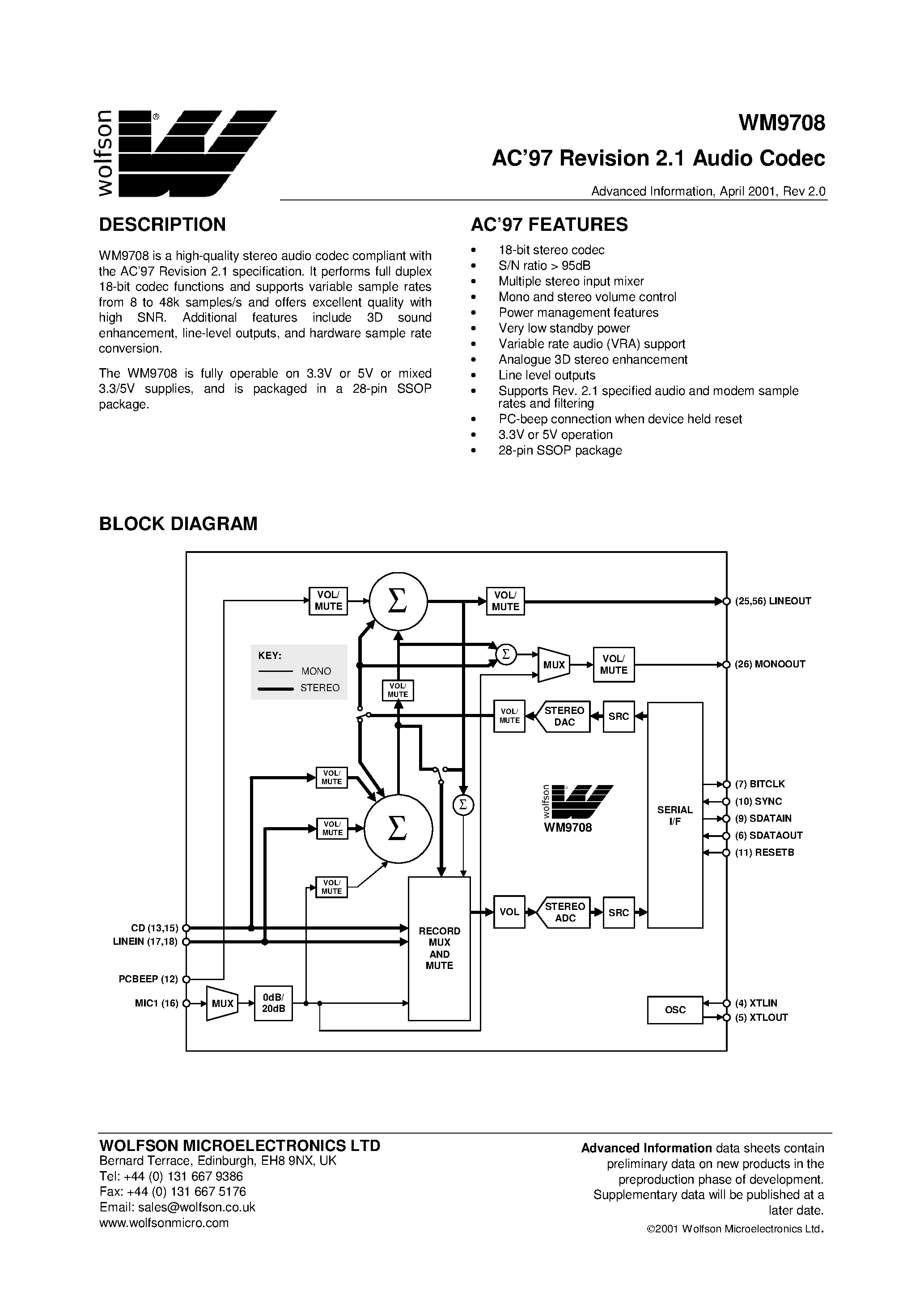 Datasheet XWM9708 - AC97 Revision 2.1 Audio Codec page 1
