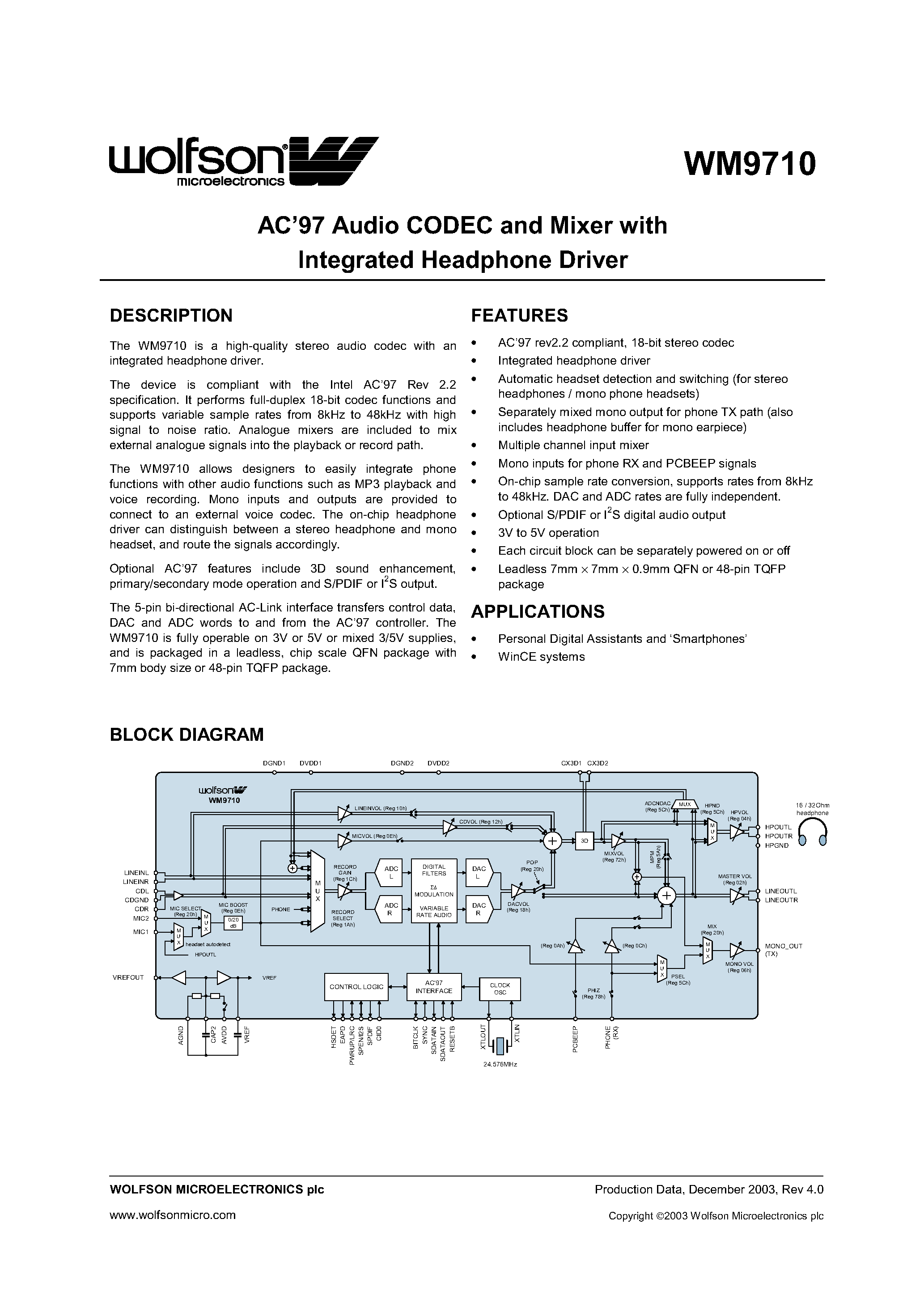 Даташит на микросхему XWM9710EFT/V страница 1 Даташит XWM9710EFT/V - AC97 Audio CODEC and Mixer with Integrated Headphone Driver страница 1