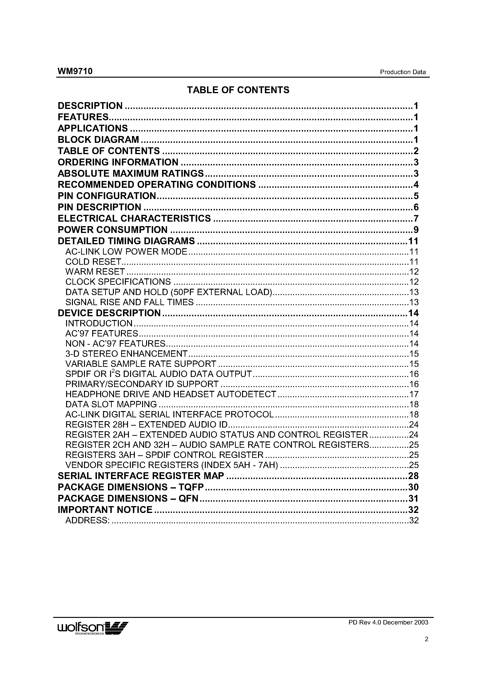 Даташит на микросхему XWM9710EFT/V страница 2 Даташит XWM9710EFT/V - AC97 Audio CODEC and Mixer with Integrated Headphone Driver страница 2