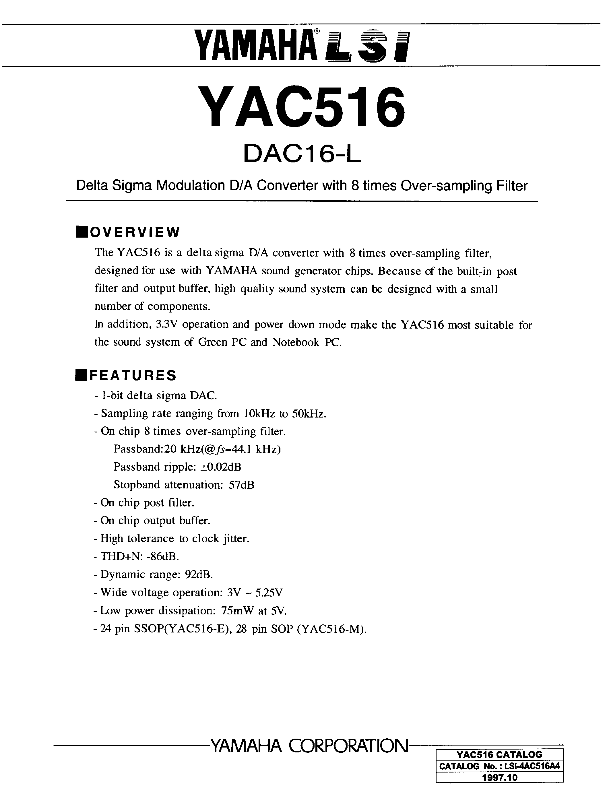 Datasheet YAC516 - DELTA SIGMA MODULATION D/A CONVERTER WITH 8 TIMES OVER SAMPLING FILTER page 1