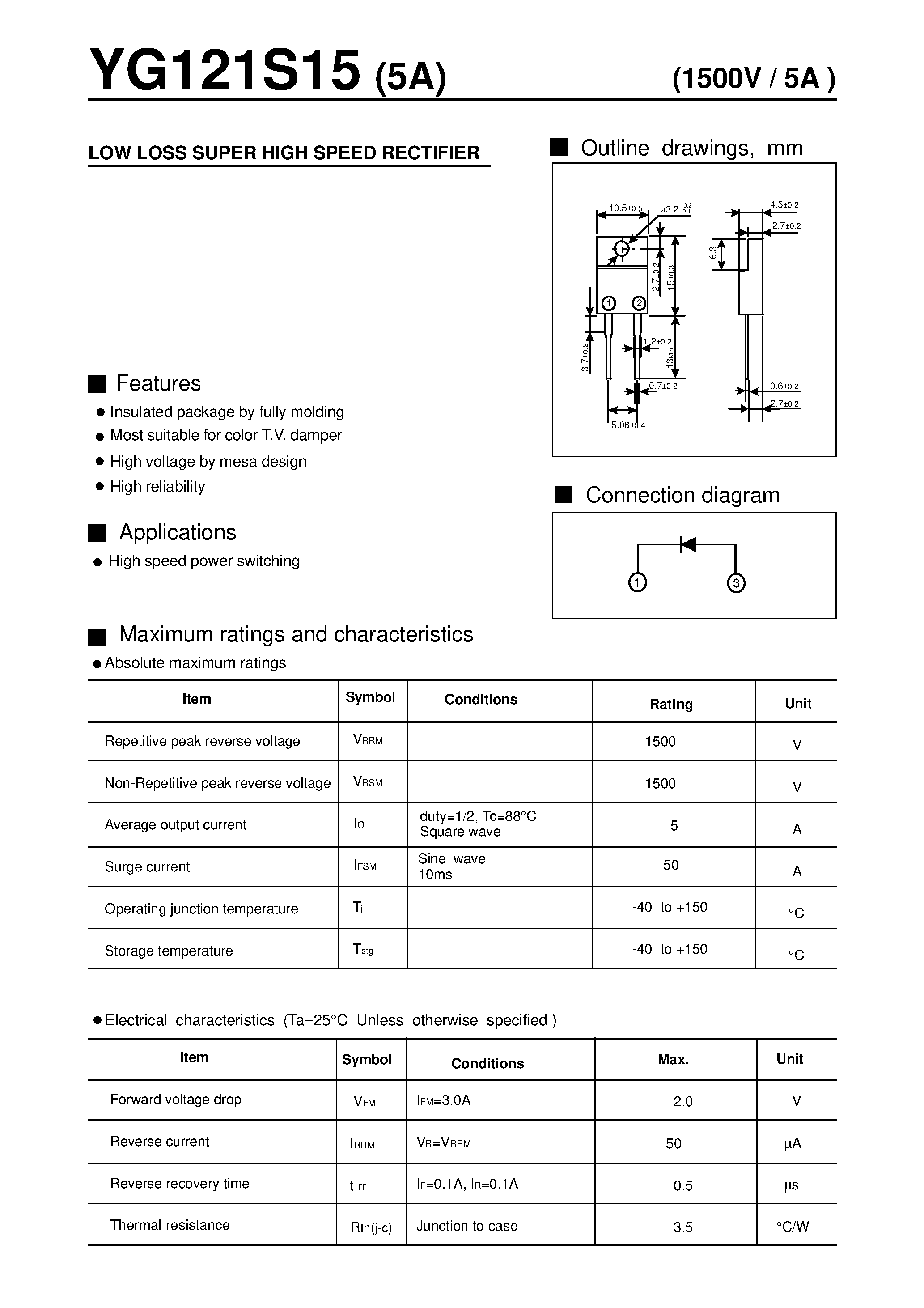 Datasheet YG121S15 page 1 Datasheet YG121S15 - LOW LOSS SUPER HIGH SPEED RECTIFIER page 1