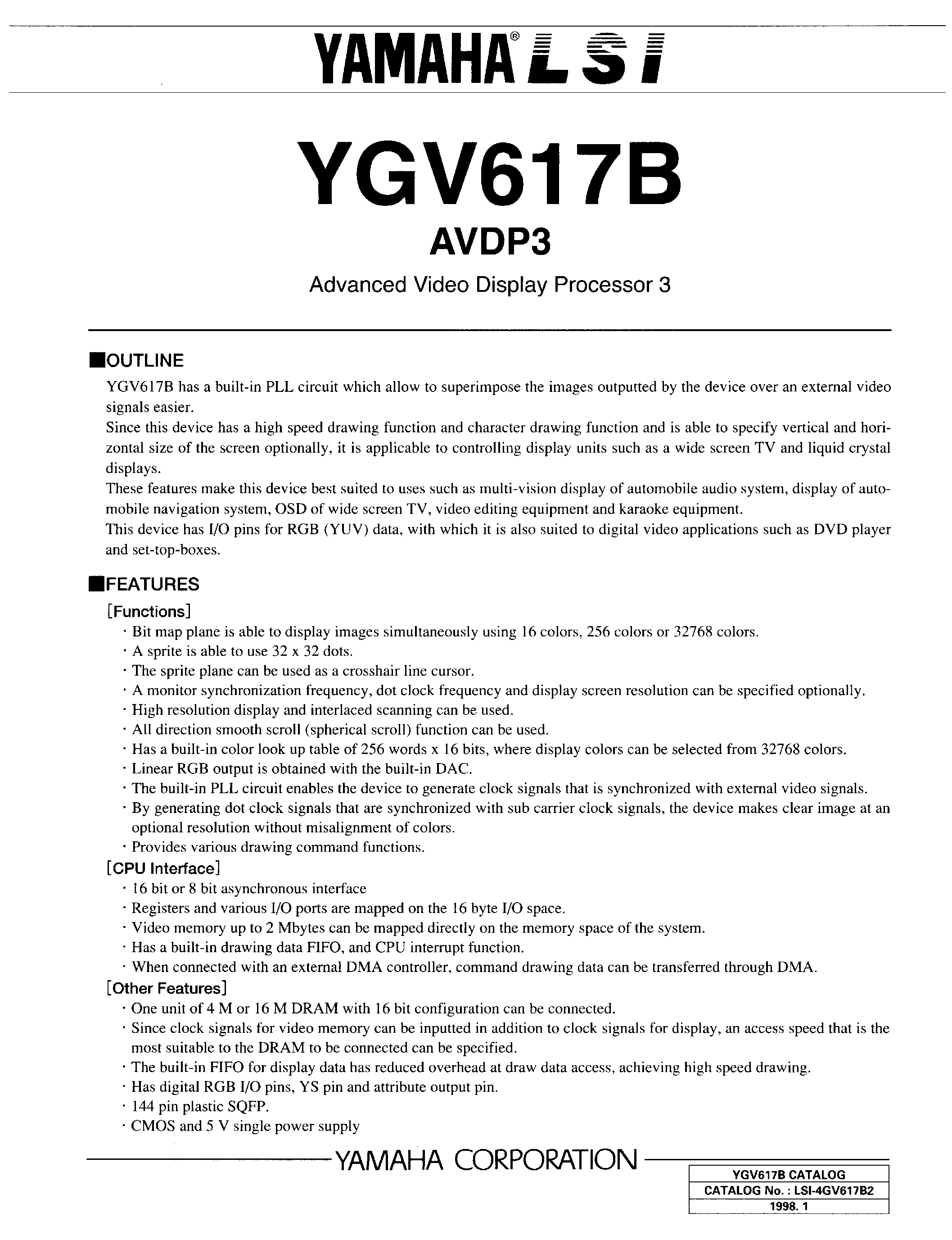 Datasheet YGV617B page 1 Datasheet YGV617B - ADVANCED VIDEO DISPLAY PROCESSOR page 1